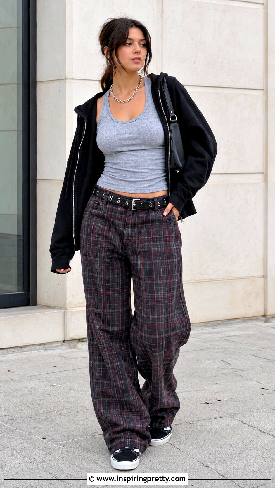 Gray Skater Tank Top With Plaid Pants - 20 skater tank tops outfit ideas