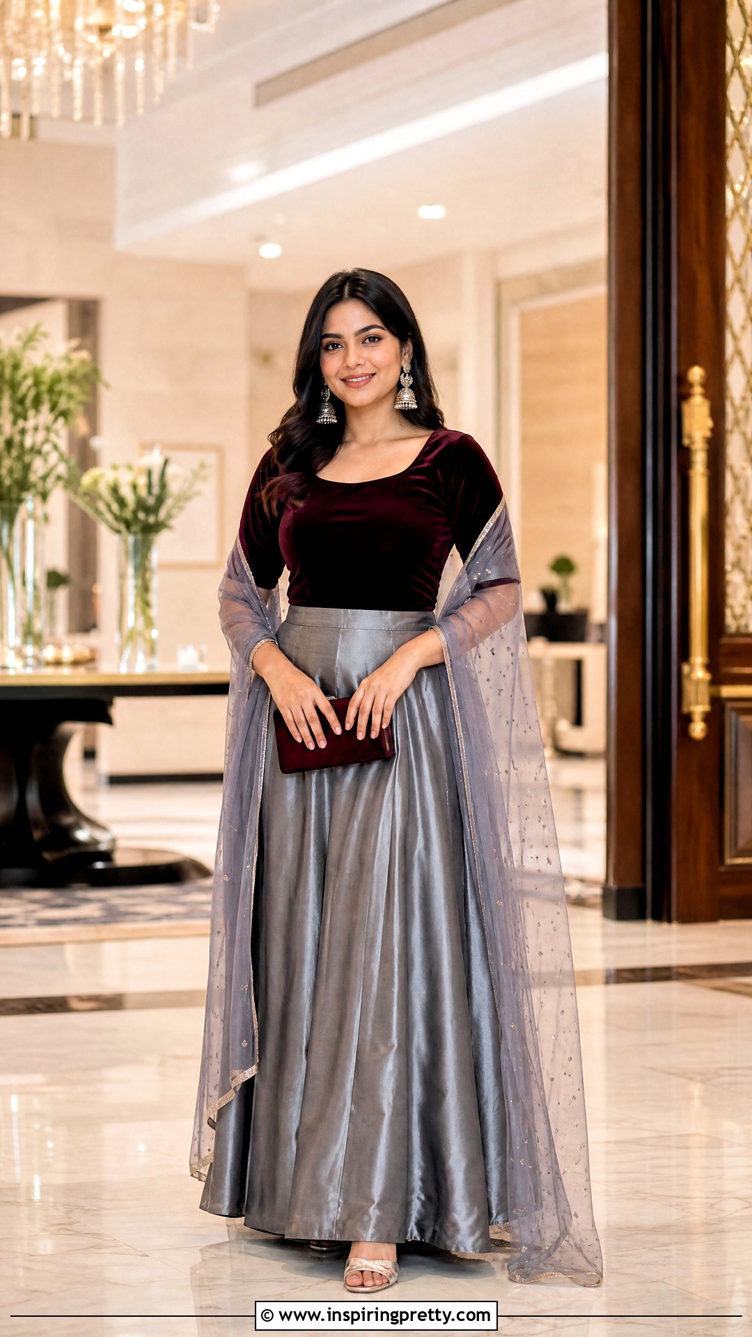 Gray Skirt With Wine Velvet Top - 50 skirt top indian outfit ideas