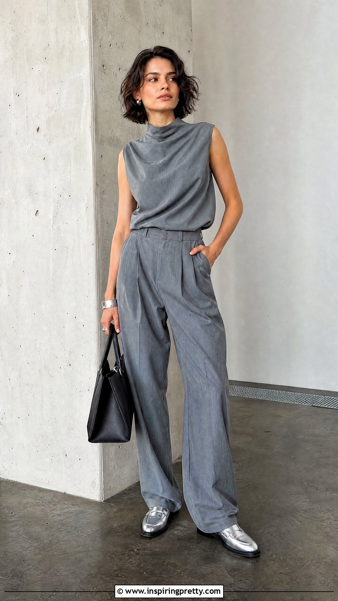 Gray Sleeveless Top And Pleated Trouser Set - 50 two pics trouser and tops
