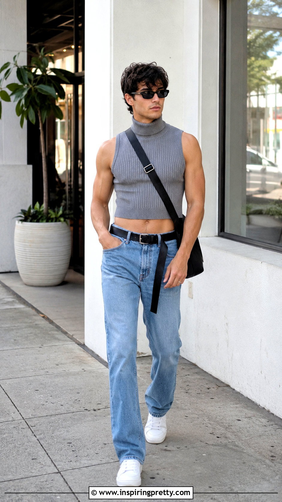 Gray Sleeveless Turtleneck Crop Top With Straight Leg Jeans - 20 sleeveless turtleneck crop top men outfit ideas