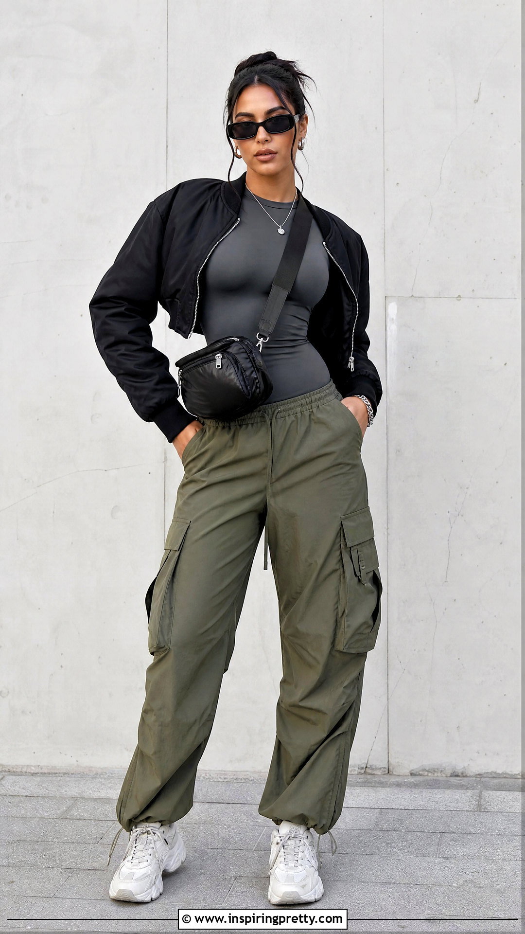 Gray Spandex Long Sleeve Top With Cargo Pants - 25 spandex long sleeve top outfit ideas