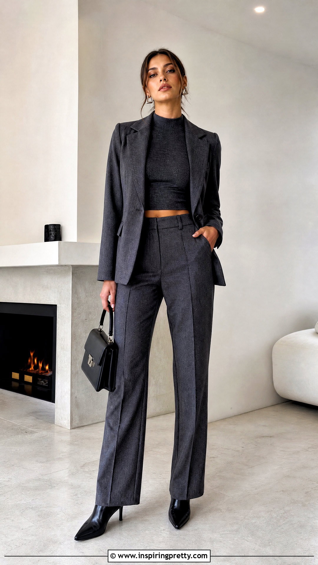 Gray Suit With Long Sleeve Crop Top Outfit - 25 Suits With Crop Tops outfit ideas
