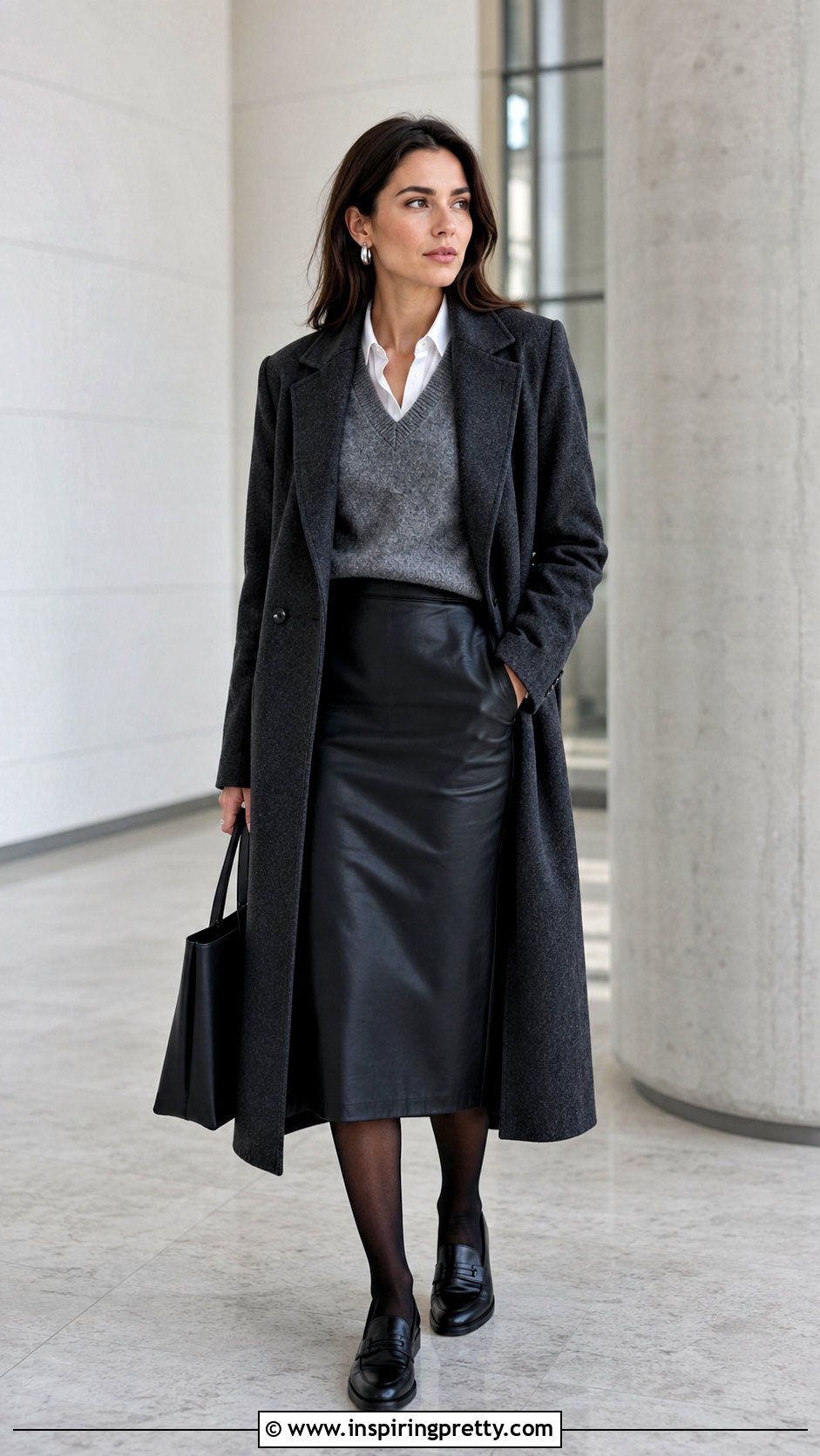 Gray Sweater Vest With Leather Pencil Skirt - 20 Grey Top Leather Skirt outfits