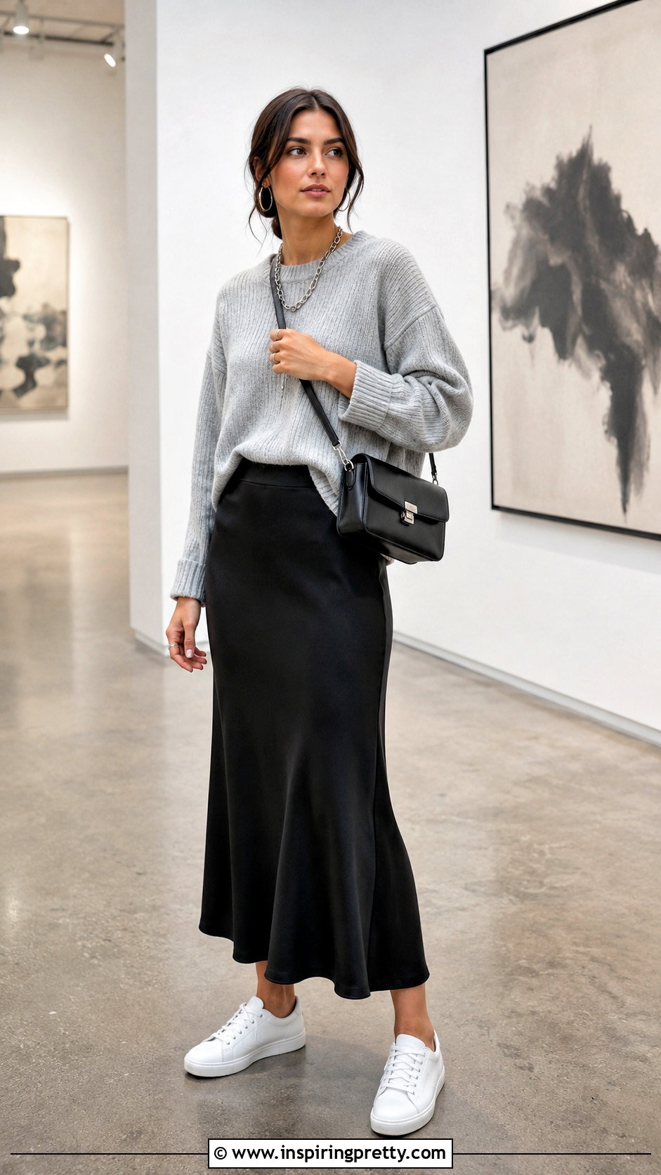 Gray Sweater With Black Slip Skirt - 50 gray top outfit ideas