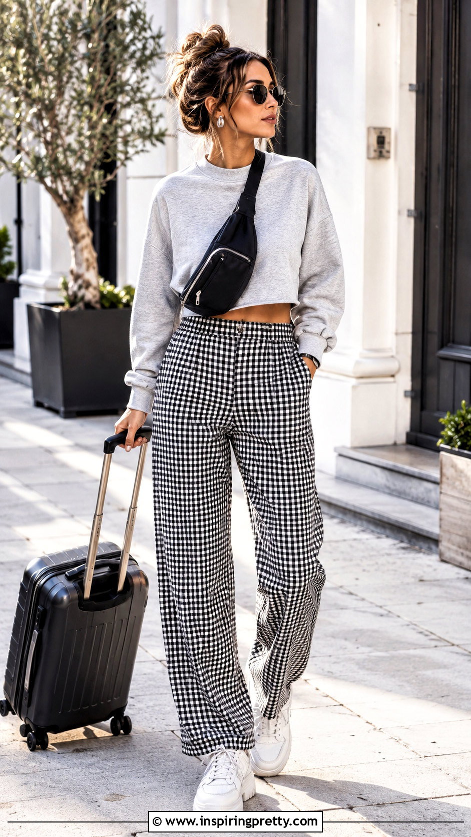 Gray Sweatshirt With Black And White Checkered Pants - 25 Tops To Wear With Black And White Checkered Pants