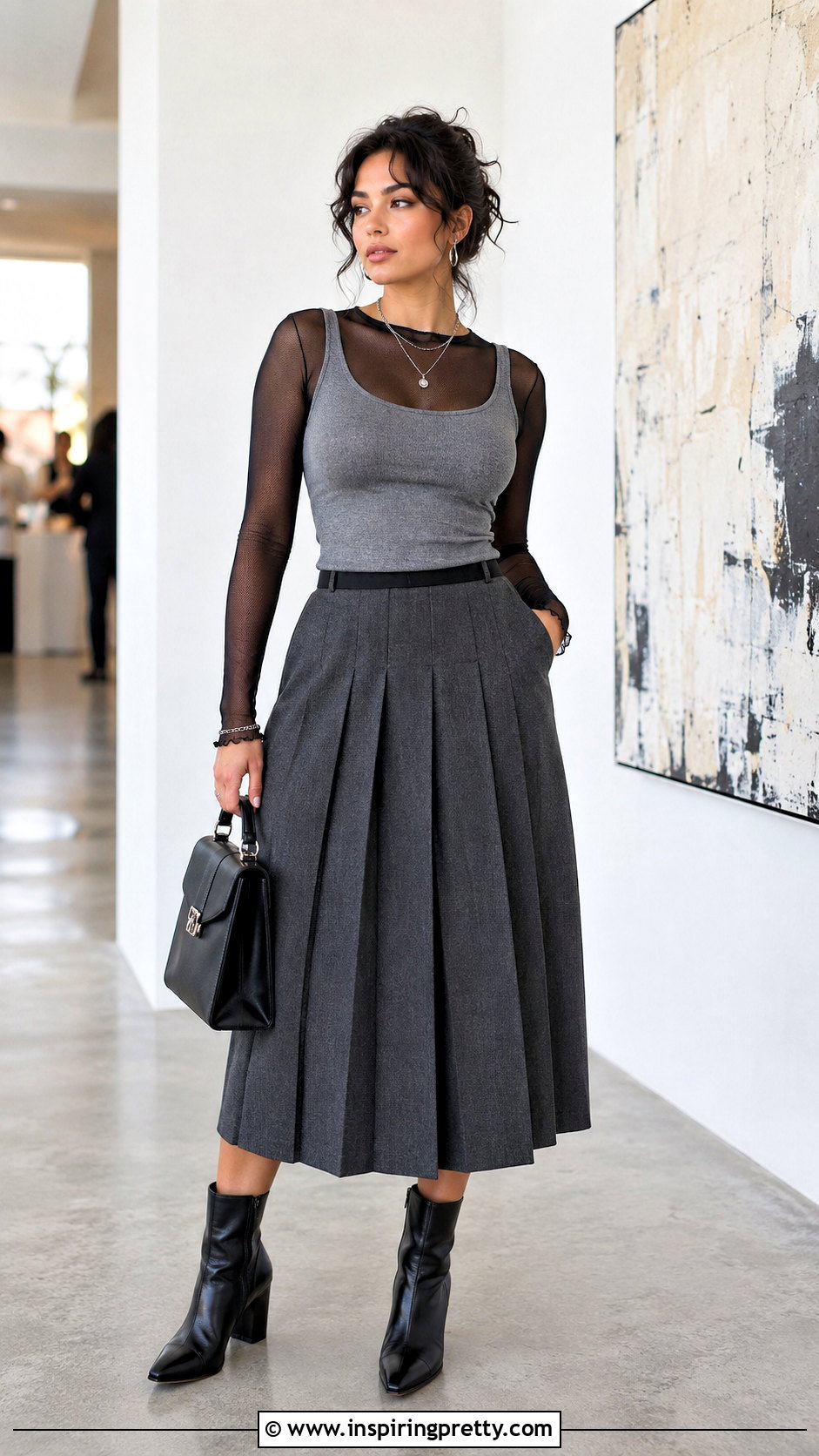 Gray Tank Top Over Mesh Long Sleeve With Pleated Skirt - 50 tank top over long sleeve outfit ideas