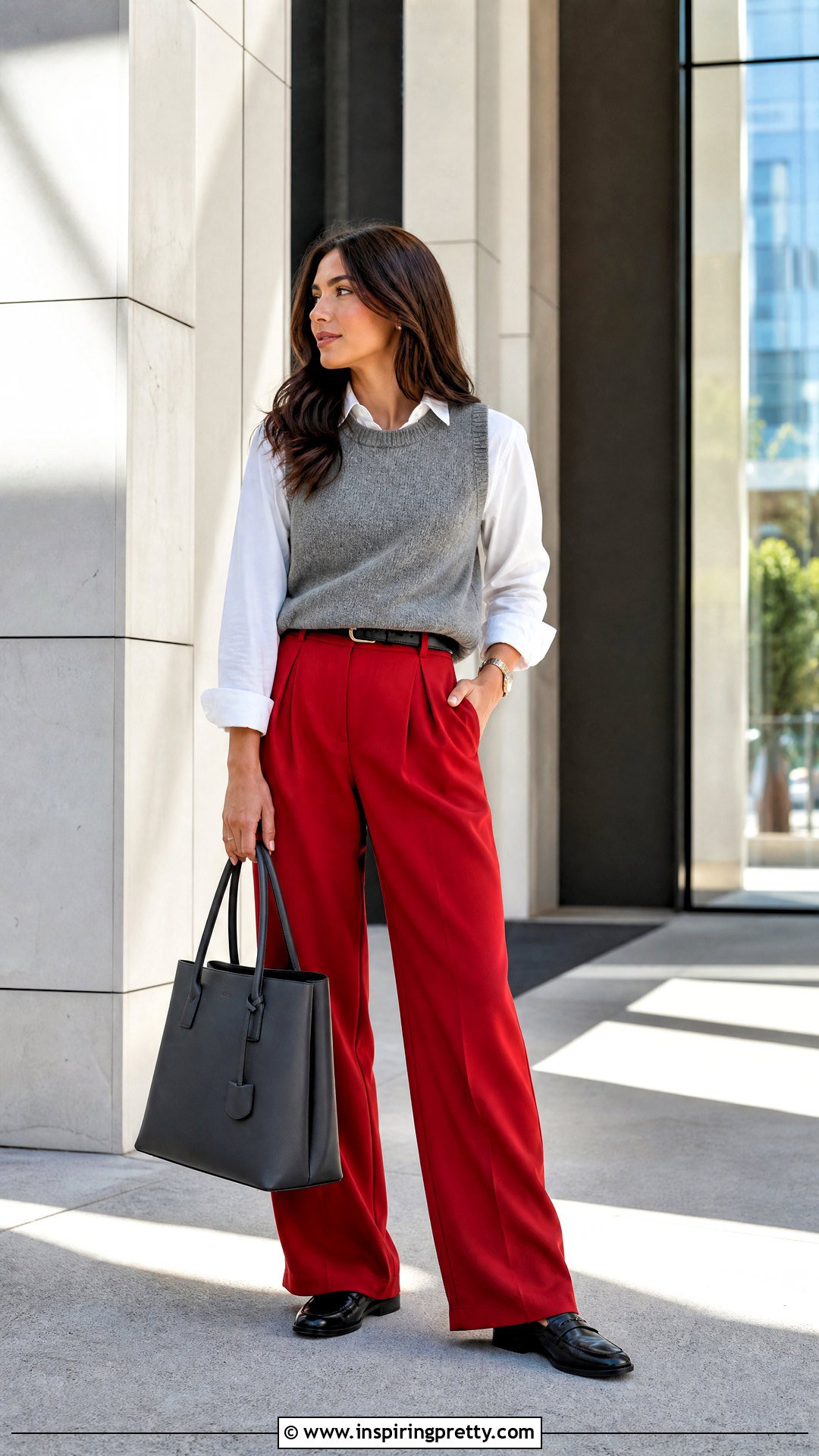 Gray Tank Top Over White Shirt With Red Trousers - 50 tank top over shirt outfits