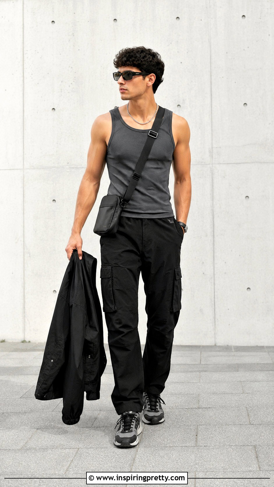 Gray Tank Top With Black Cargo Pants - 20 men tank top outfit ideas