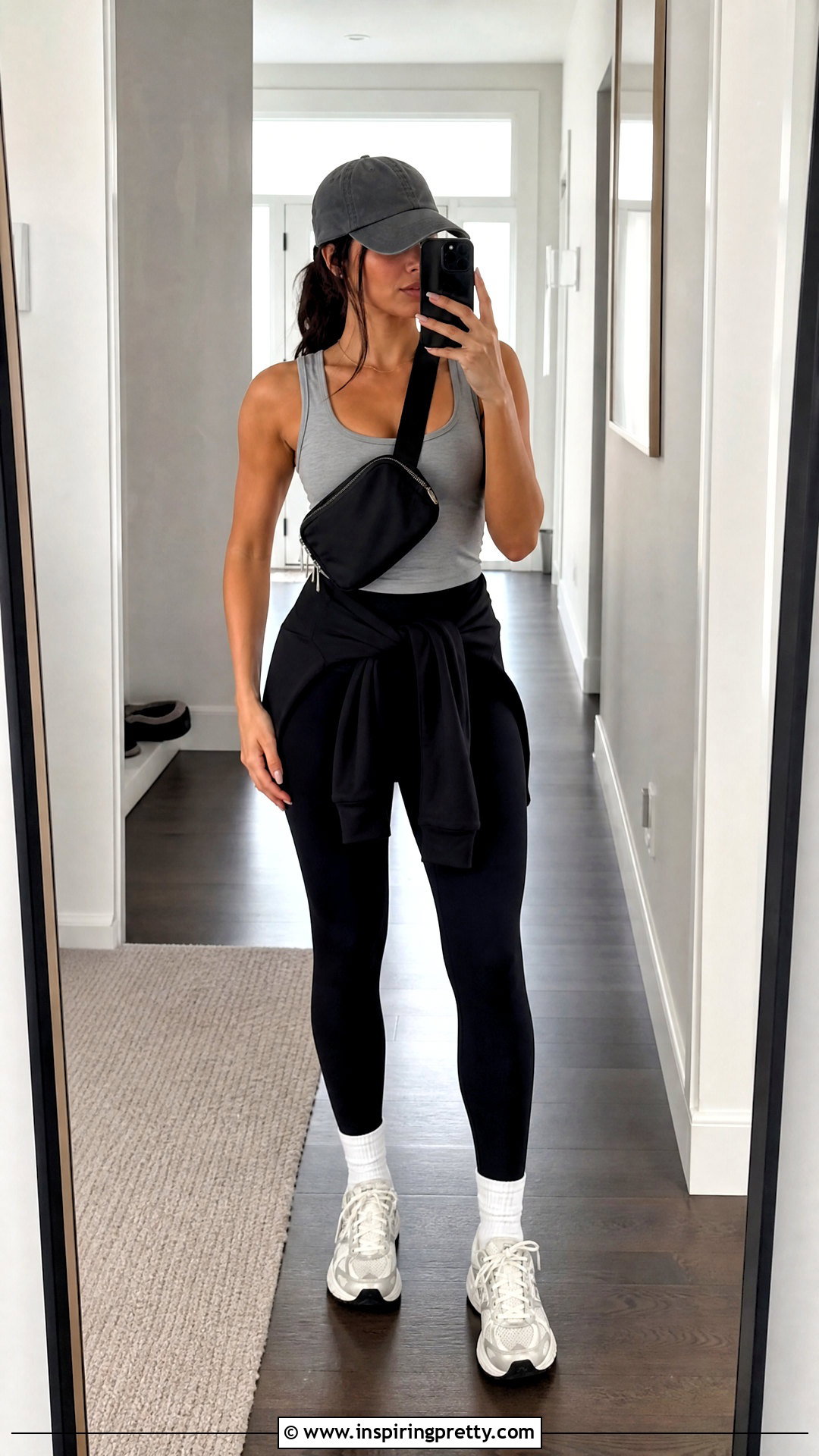 Gray Tank Top With Black Leggings - 50 selfie tank top outfit ideas