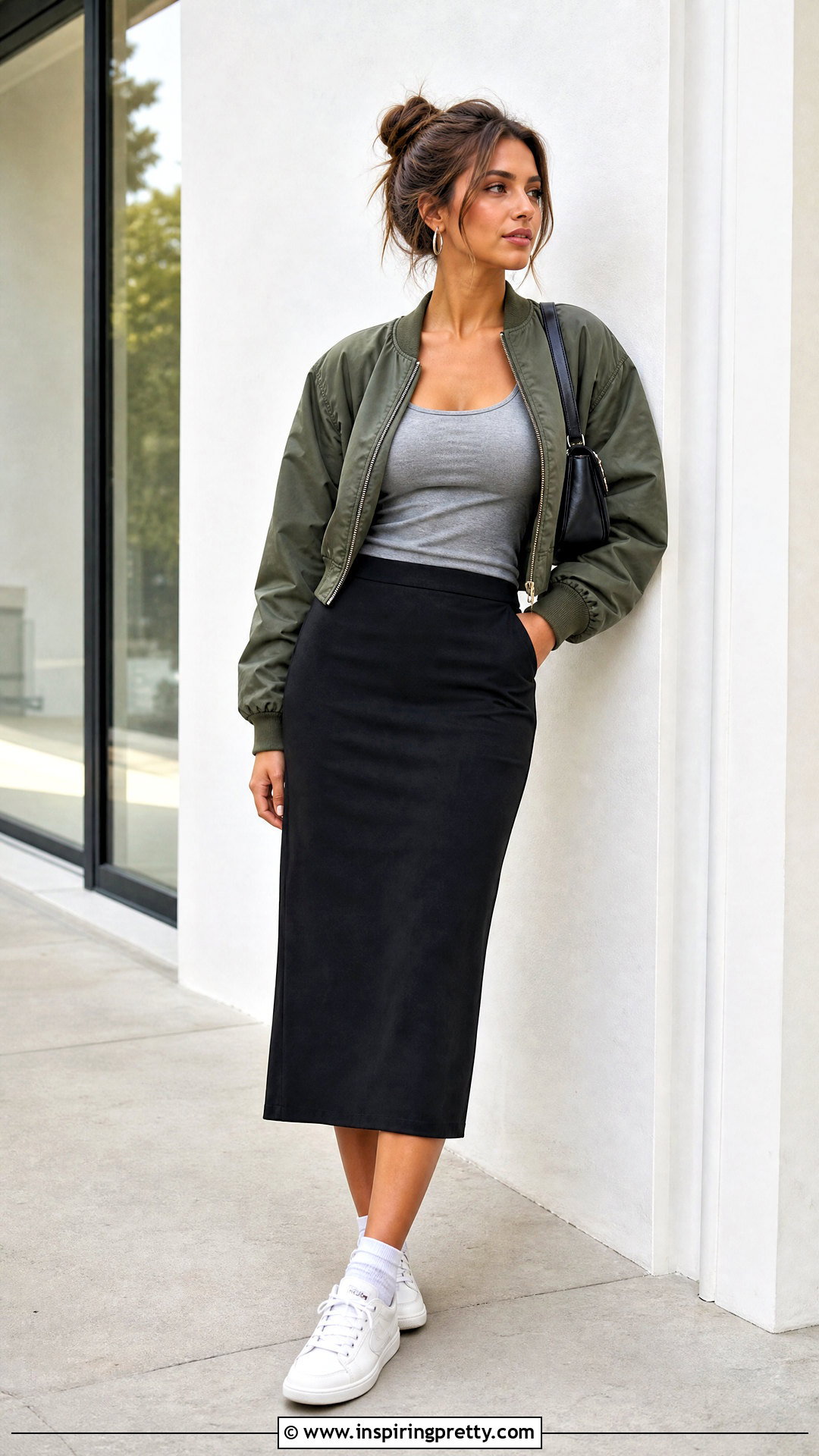 Gray Tank Top With Bomber Jacket And Skirt - 50 gray tank top outfit ideas