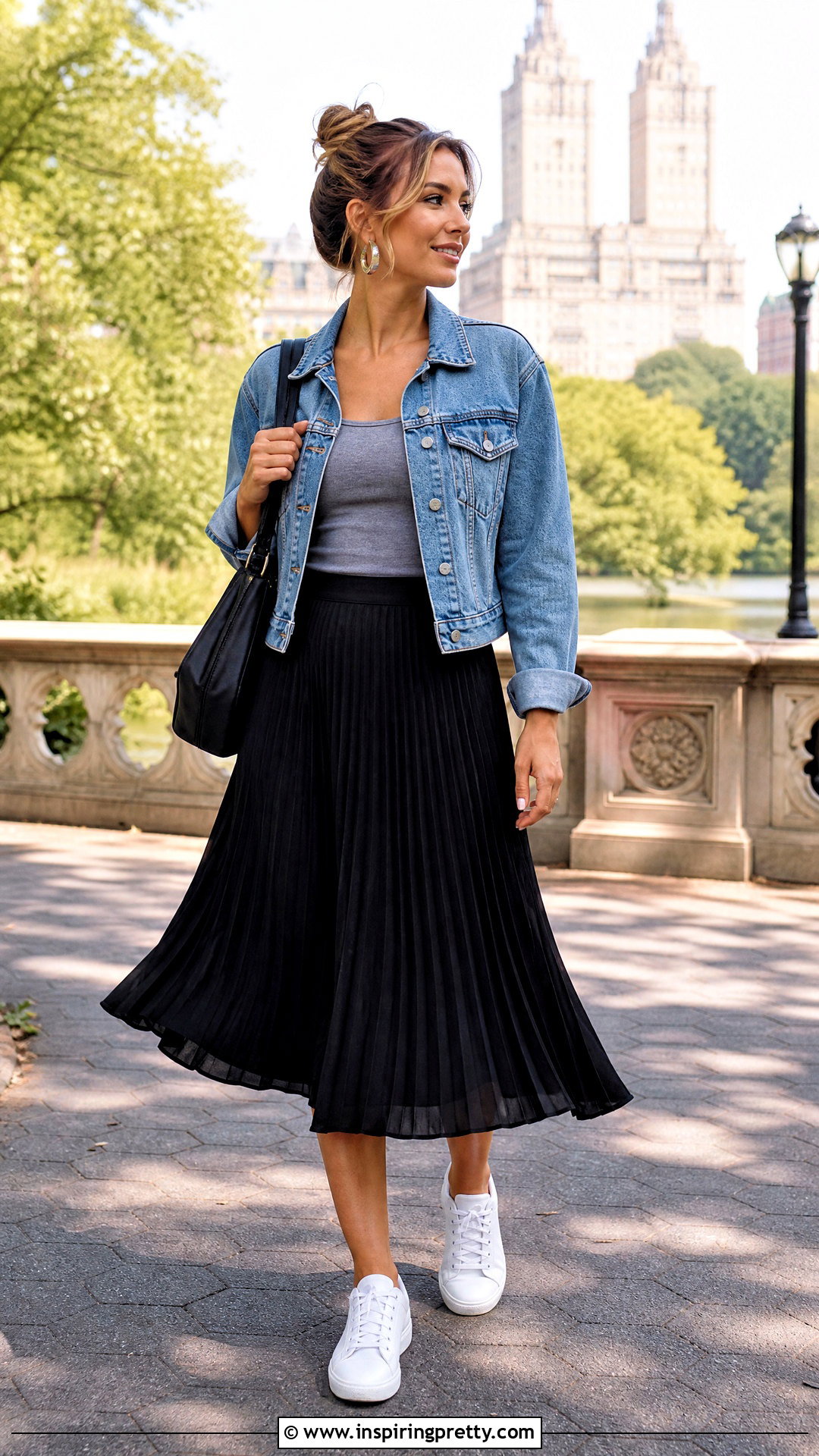 Gray Tank Top With Denim Jacket And Midi Skirt - 50 gray tank top outfit ideas