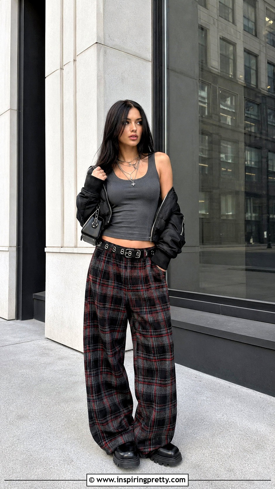 Gray Tank Top With Plaid Pants - 25 Edgy Tank Top Outfit ideas
