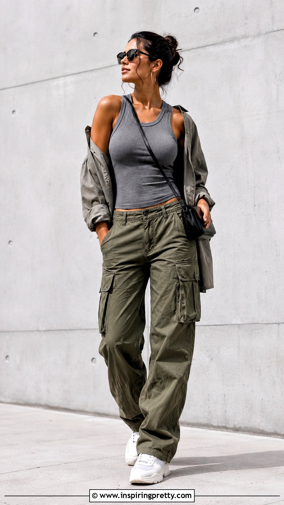 Gray Tight Fitting Tank Top With Cargo Pants - 25 tight fitting tank tops outfit ideas