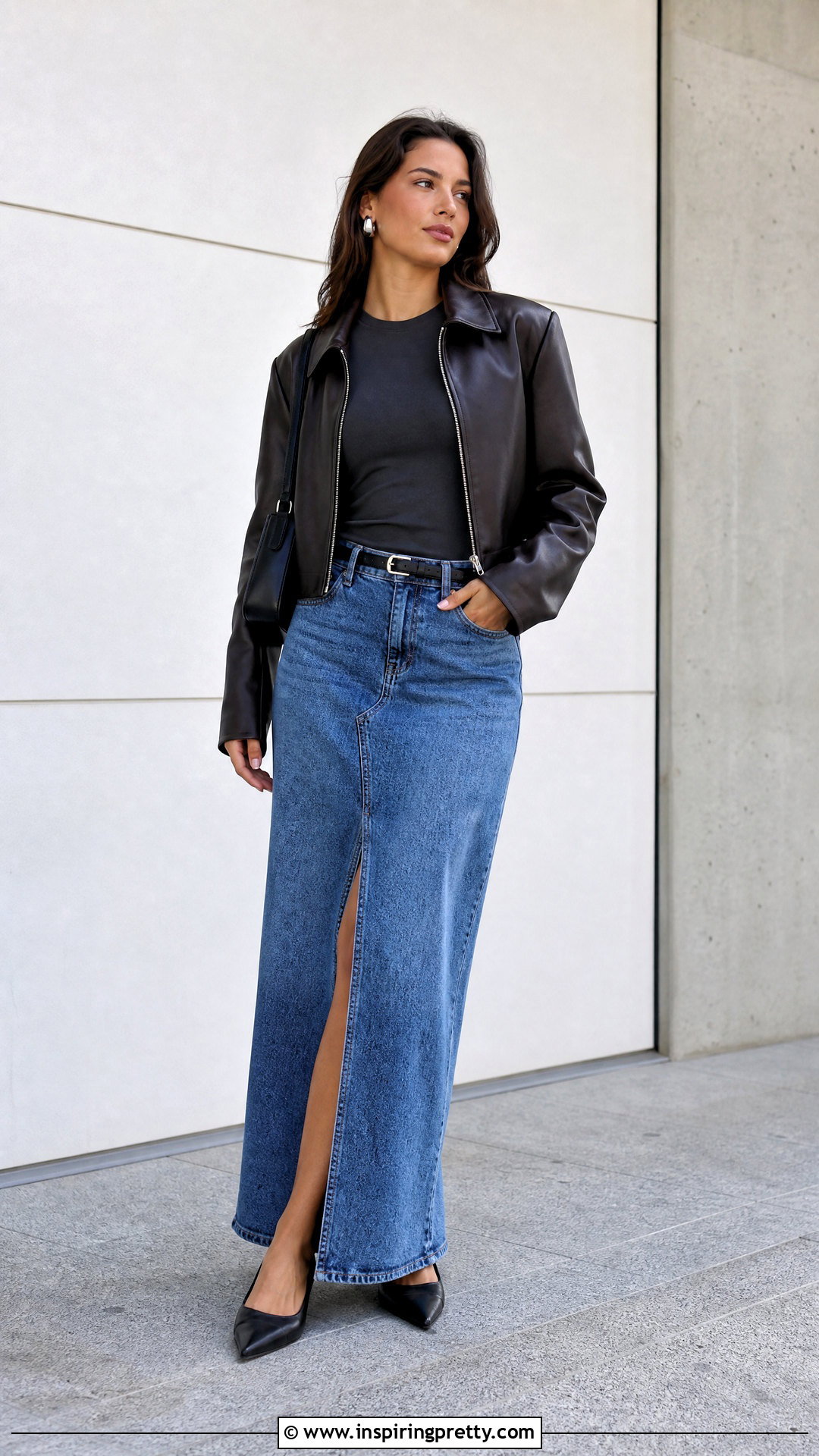 Gray Tight Top With Denim Maxi Skirt - 50 tight top outfit ideas