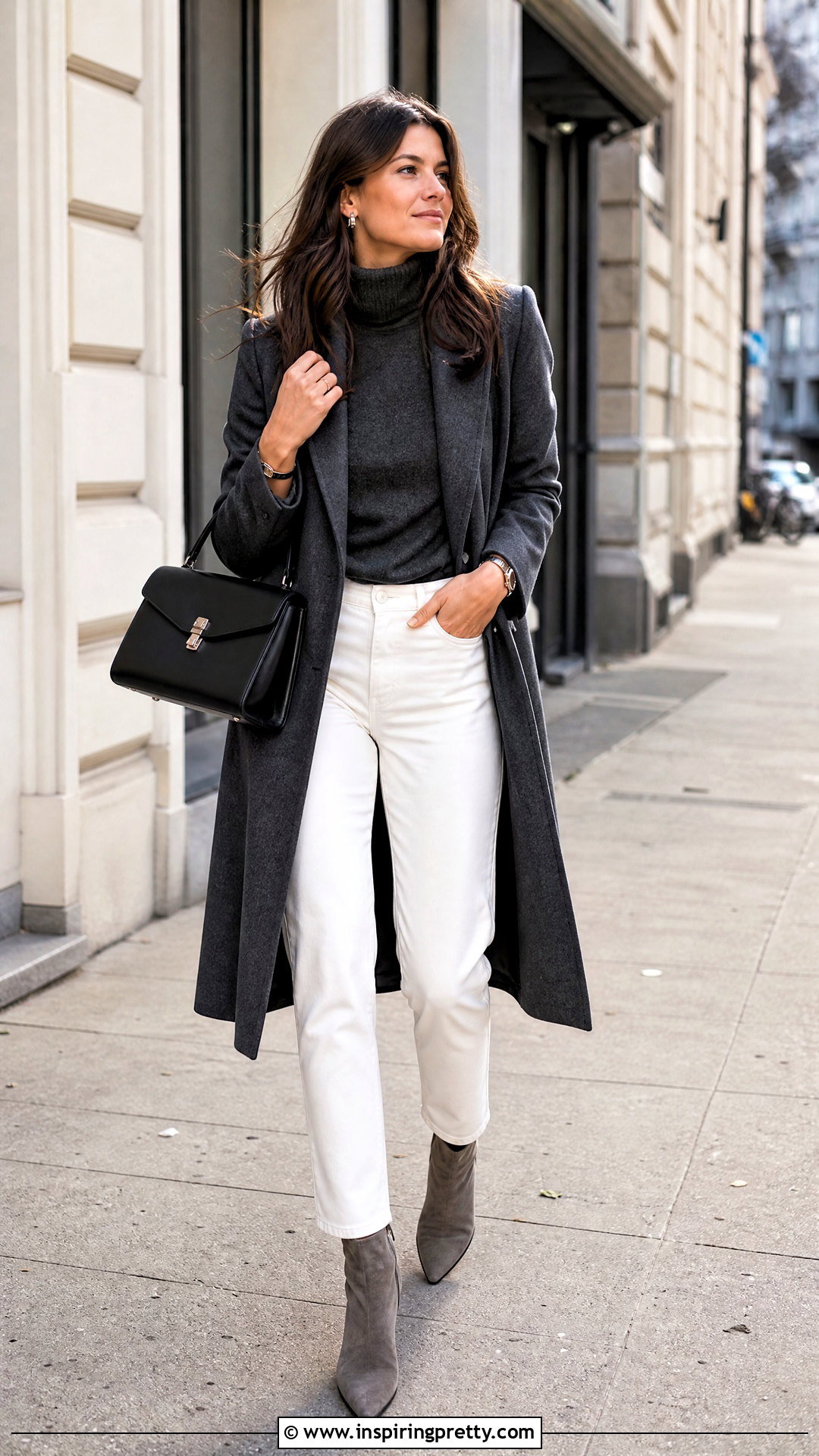 Gray Turtleneck Top With White Jeans - 50 Turtle Neck Top outfit ideas