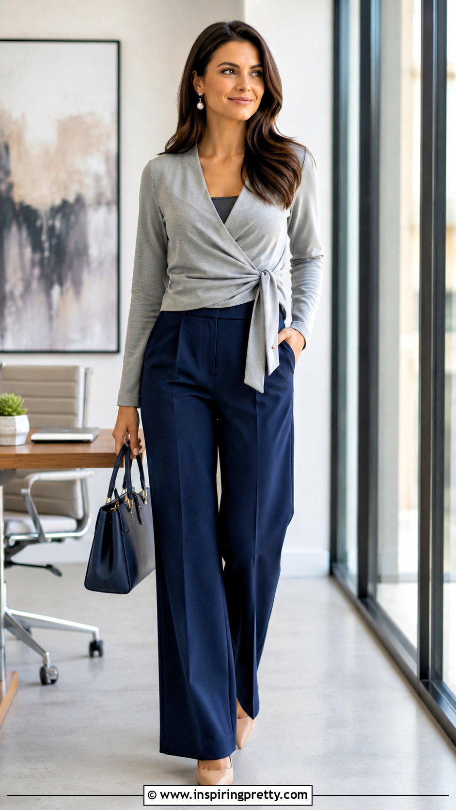 Gray Wrap Top With Navy Pants - 50 gray top outfit ideas