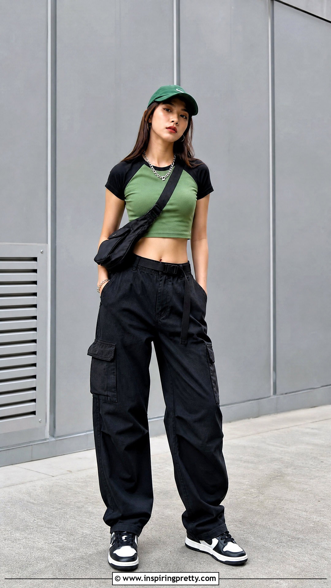 Green And Black Crop Top With Black Cargo Pants - 25 Green And Black Crop Top outfit ideas