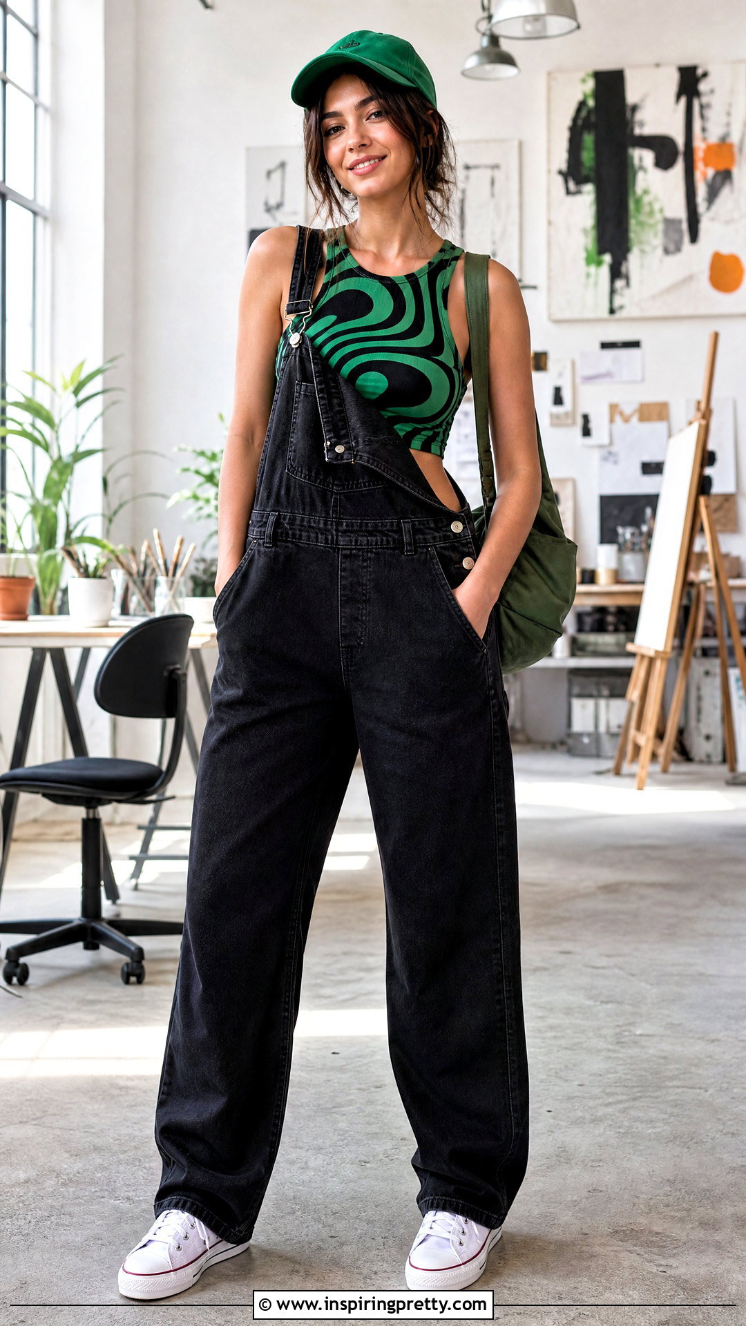 Green And Black Crop Top With Black Overalls - 25 Green And Black Crop Top outfit ideas