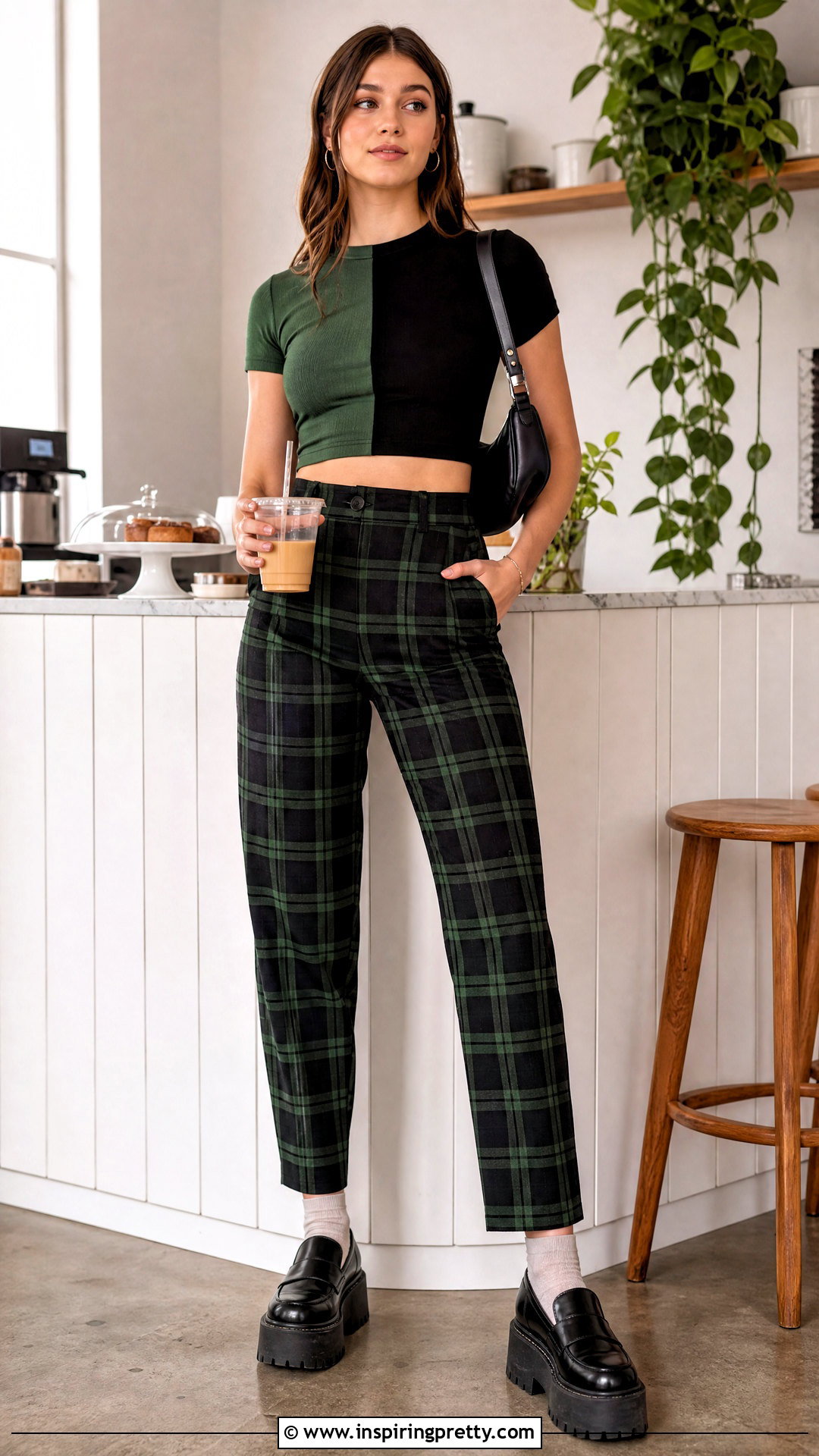 Green And Black Crop Top With Plaid Pants - 25 Green And Black Crop Top outfit ideas