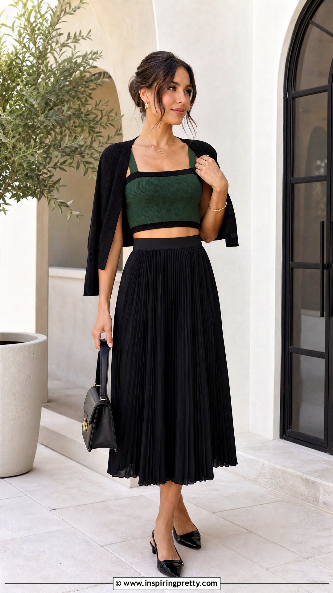 Green And Black Crop Top With Pleated Midi Skirt - 25 Green And Black Crop Top outfit ideas