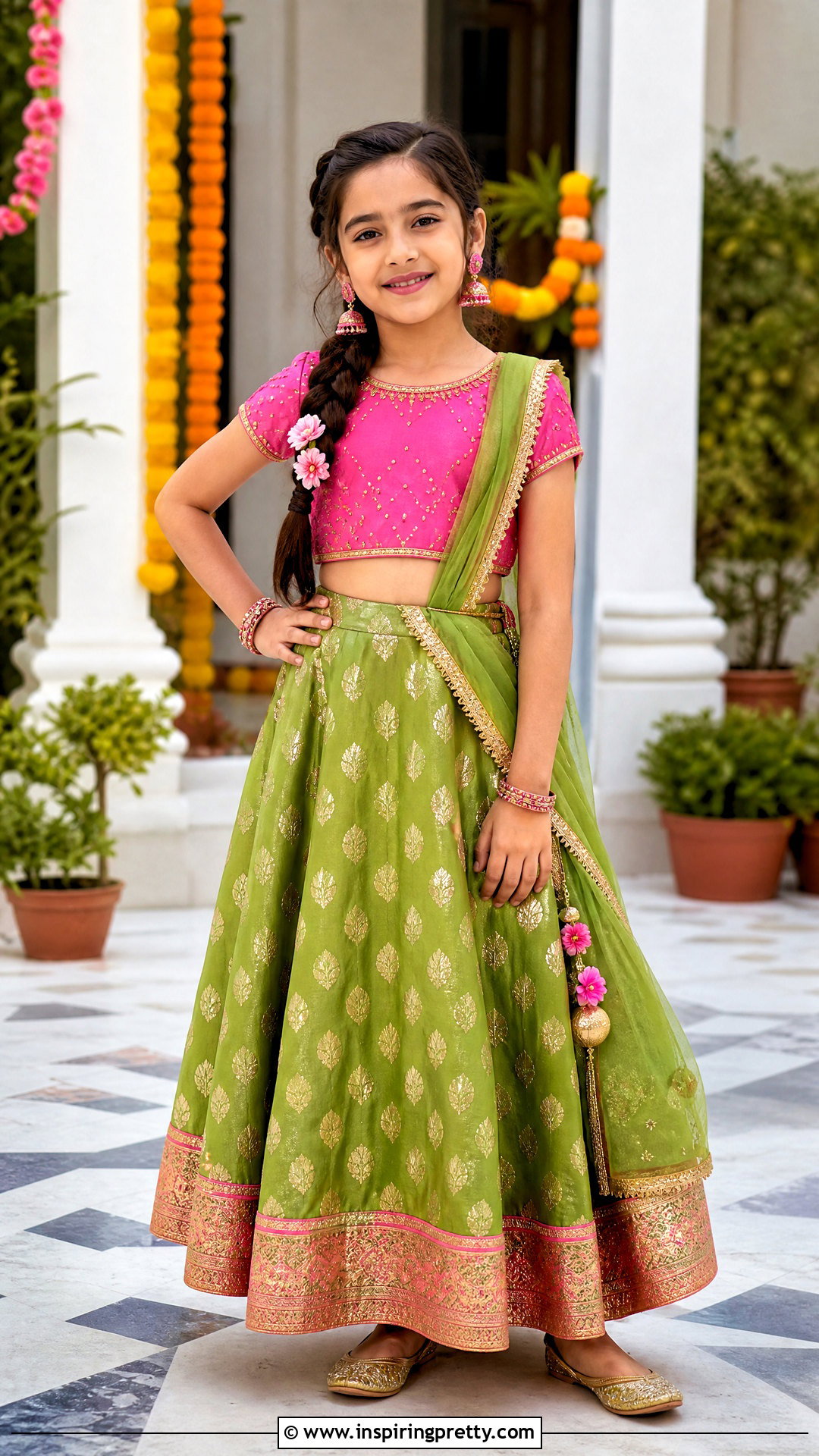 Green And Pink Kids Crop Top Lehenga - 50 kids crop top lehenga designs