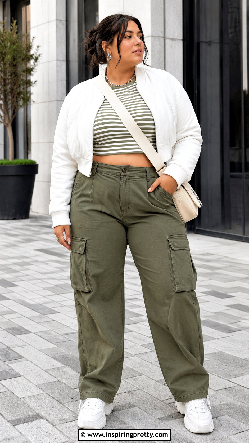 Green And White Striped Crop Top With Olive Cargo Pants - 20 Green And White Striped Crop Top outfit ideas