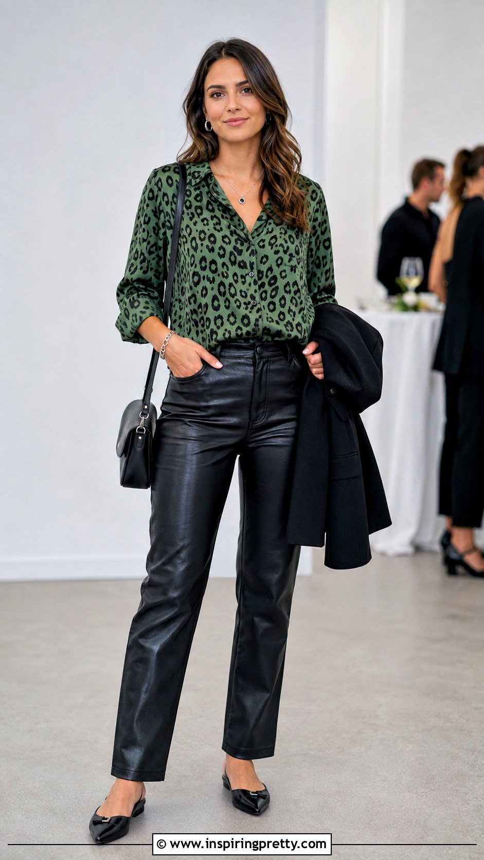 Green Animal Print Top With Faux Leather Pants - 20 green patterned top outfit ideas