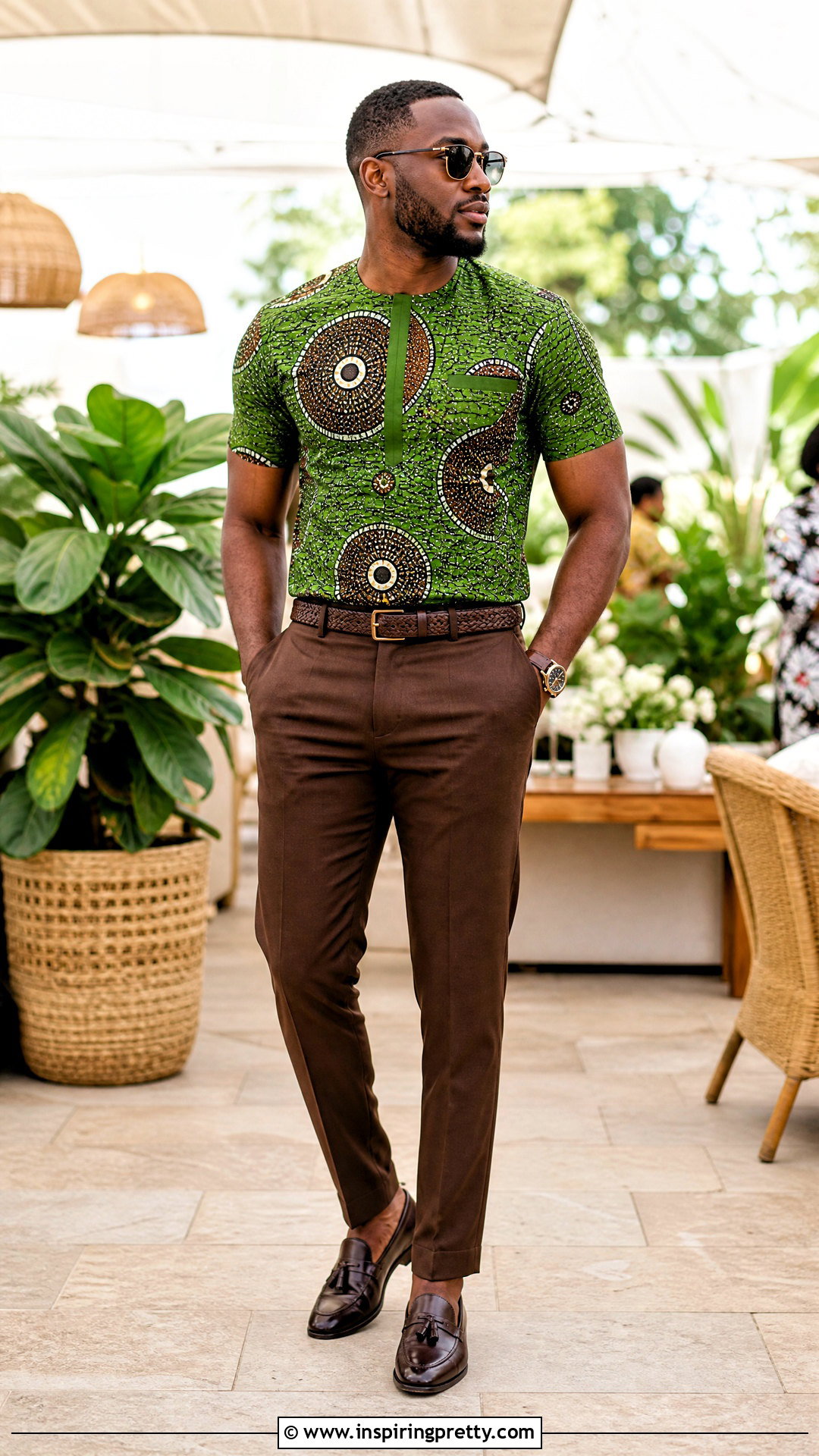 Green Ankara Top With Brown Trousers - 50 ankara top for men outfit ideas