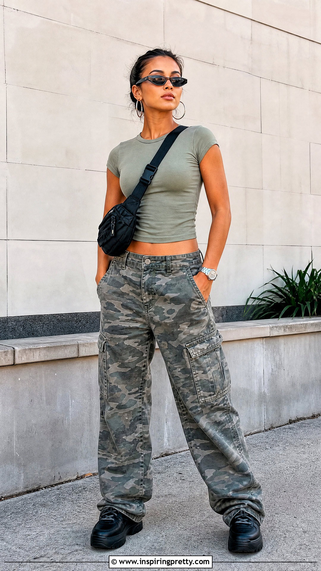 Green Baby Tee With Camo Cargo Pants - 20 Baby Tops Y2K Outfit Ideas