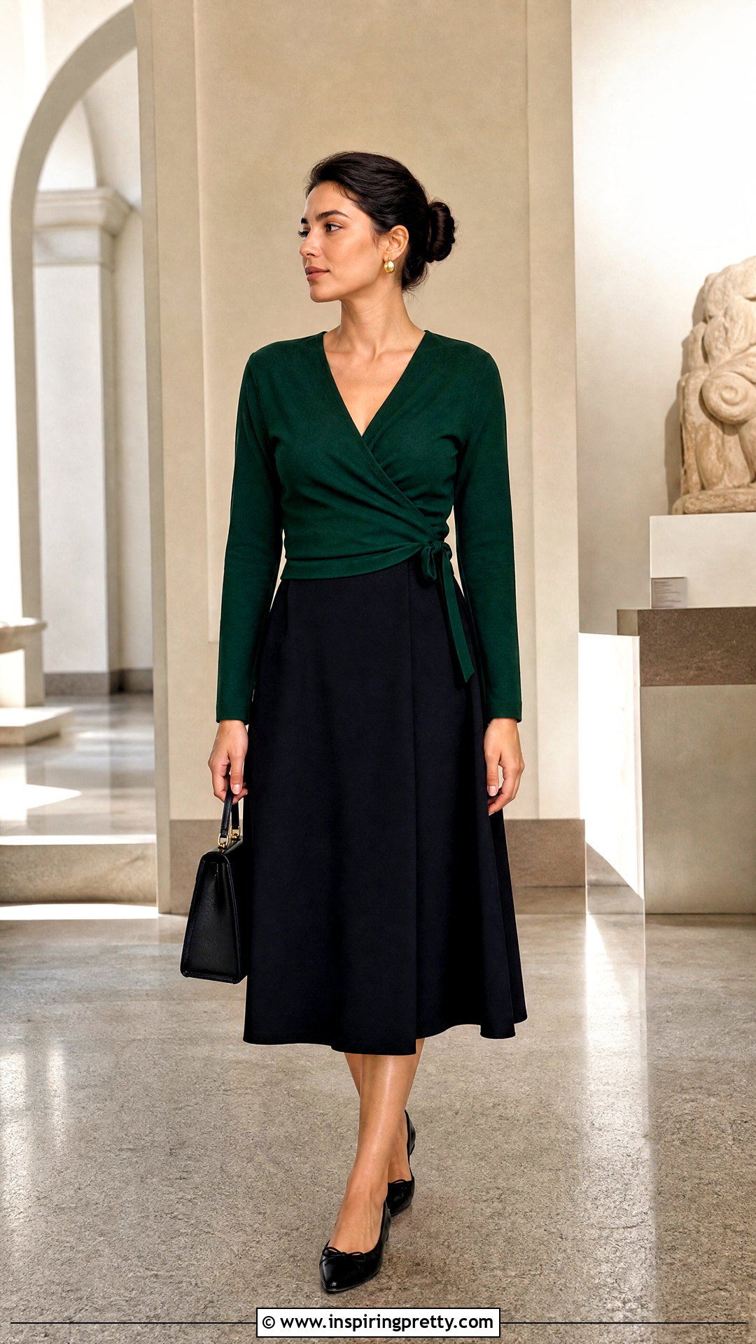 Green Ballet Wrap Top With Black Midi Skirt - 50 ballet wrap top outfit ideas