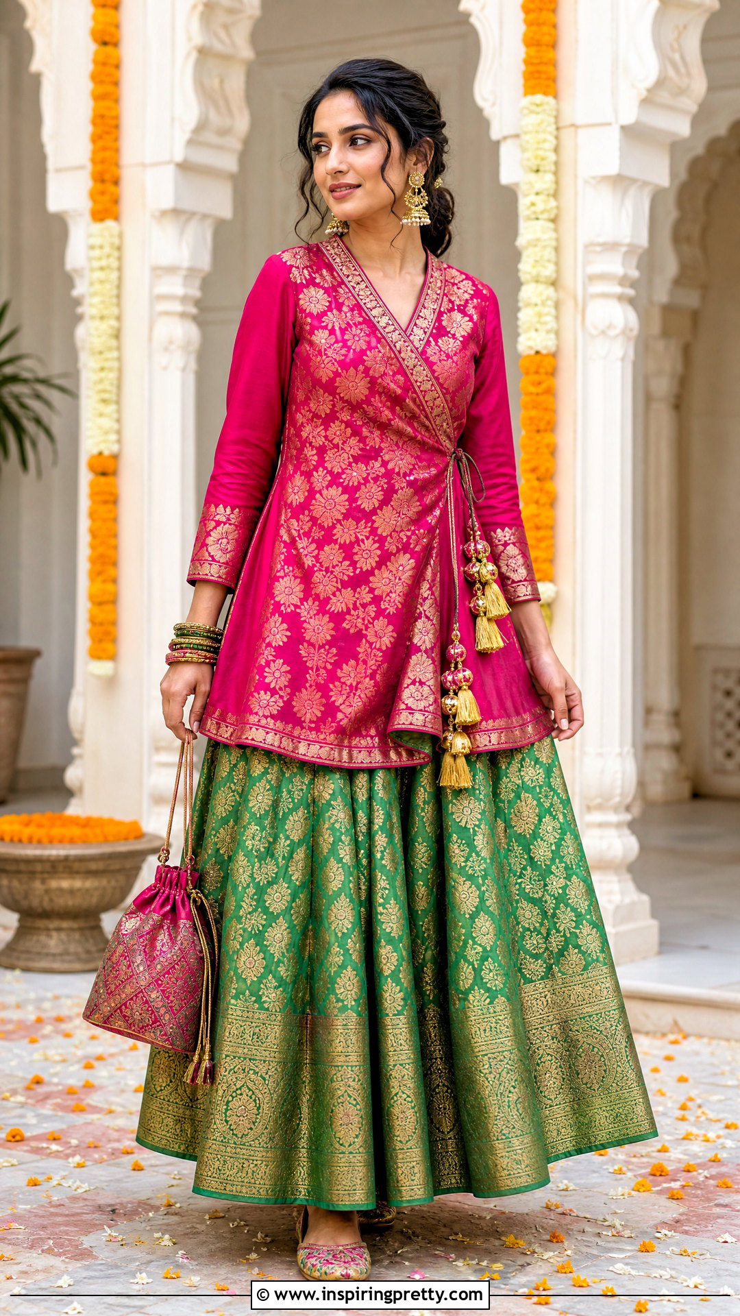Green Banarasi Skirt With Angrakha Top - 50 banarasi skirt and top outfit ideas