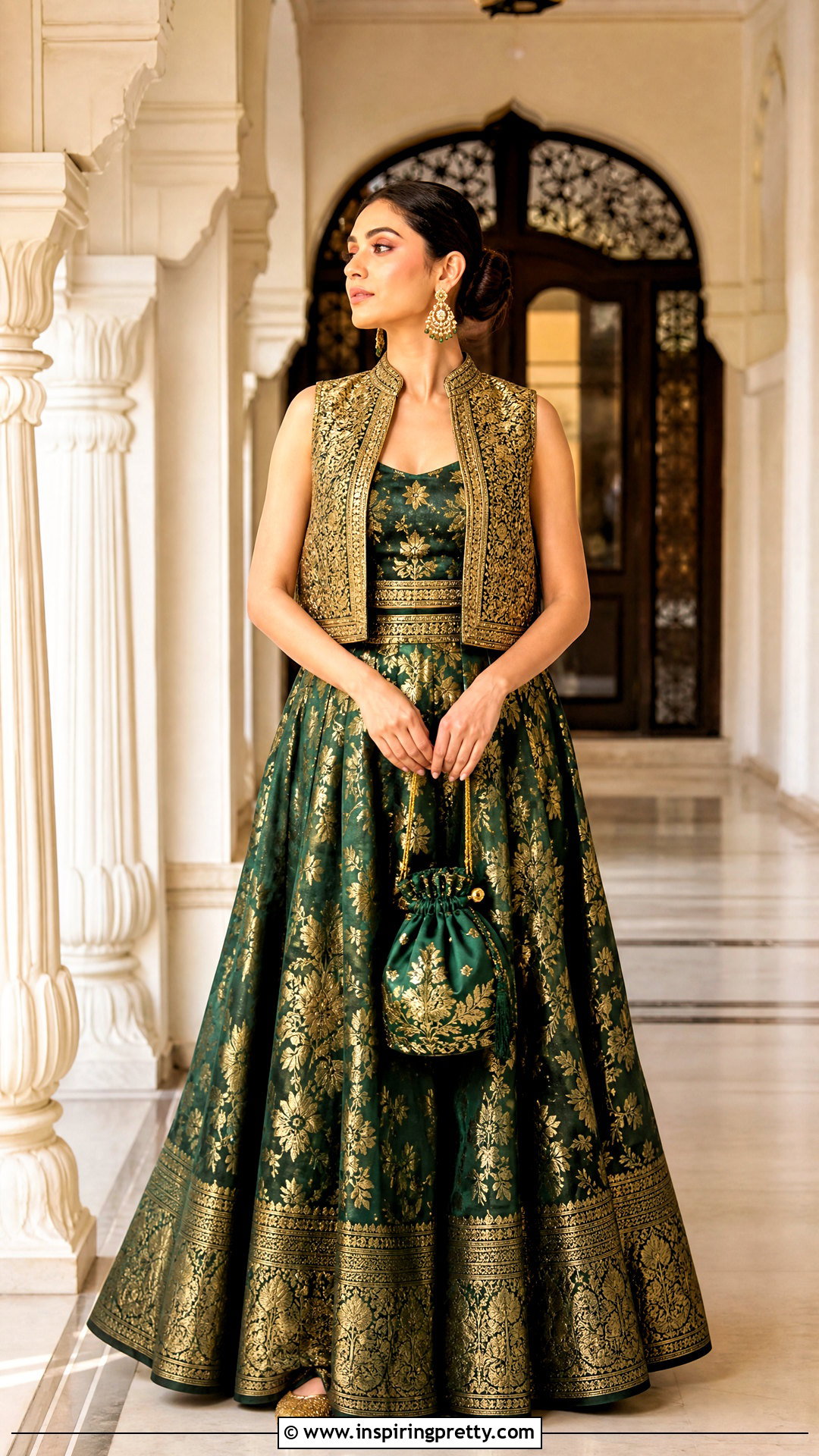 Green Banarasi Skirt With Gold Jacket Top - 50 banarasi skirt and top outfit ideas
