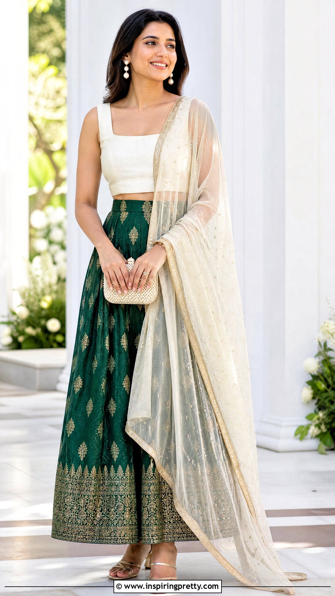 Green Banarasi Skirt With Ivory Silk Top - 50 banarasi skirt and top outfit ideas