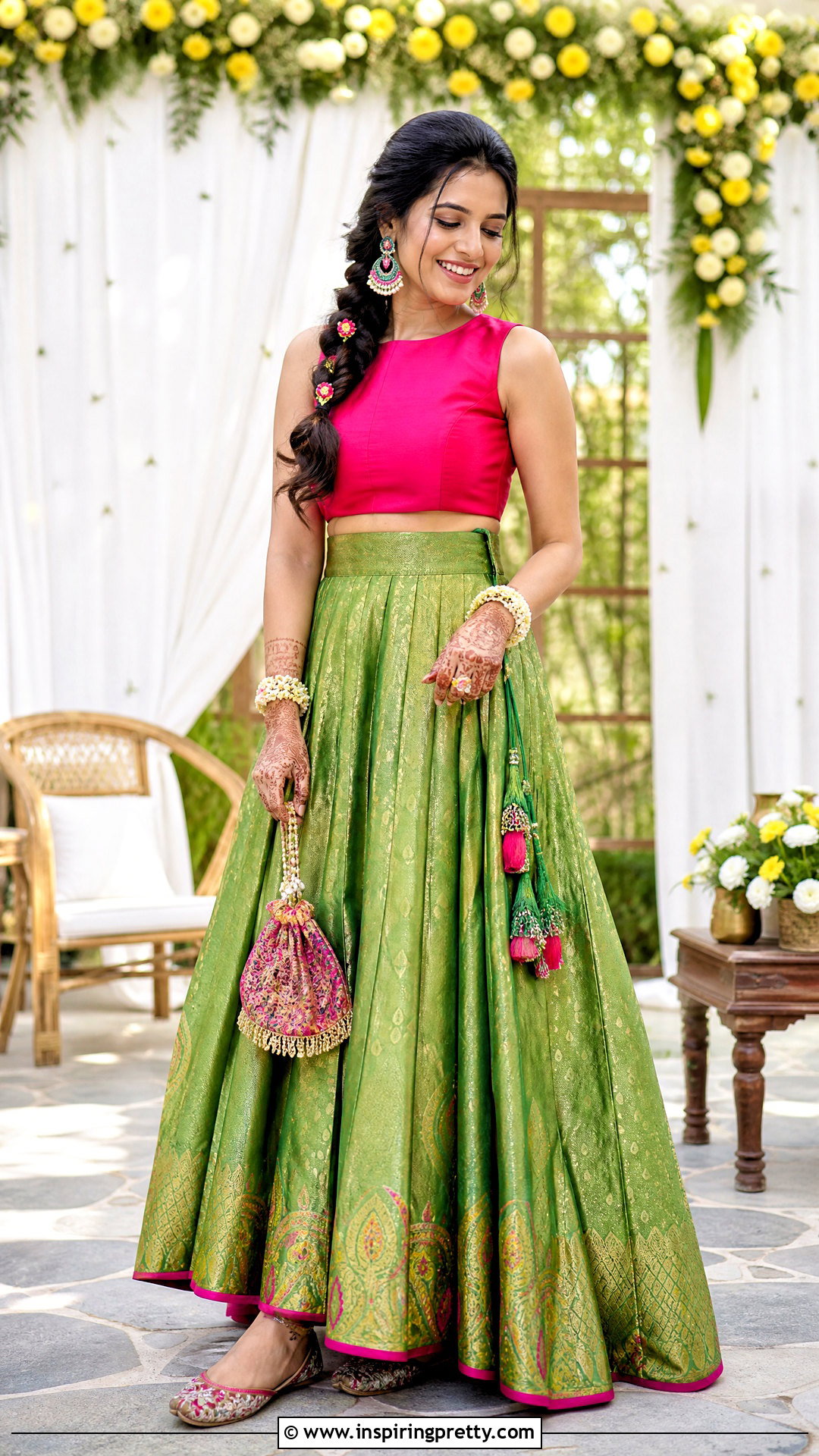 Green Banarasi Skirt With Pink Mehendi Top - 50 banarasi skirt and top outfit ideas