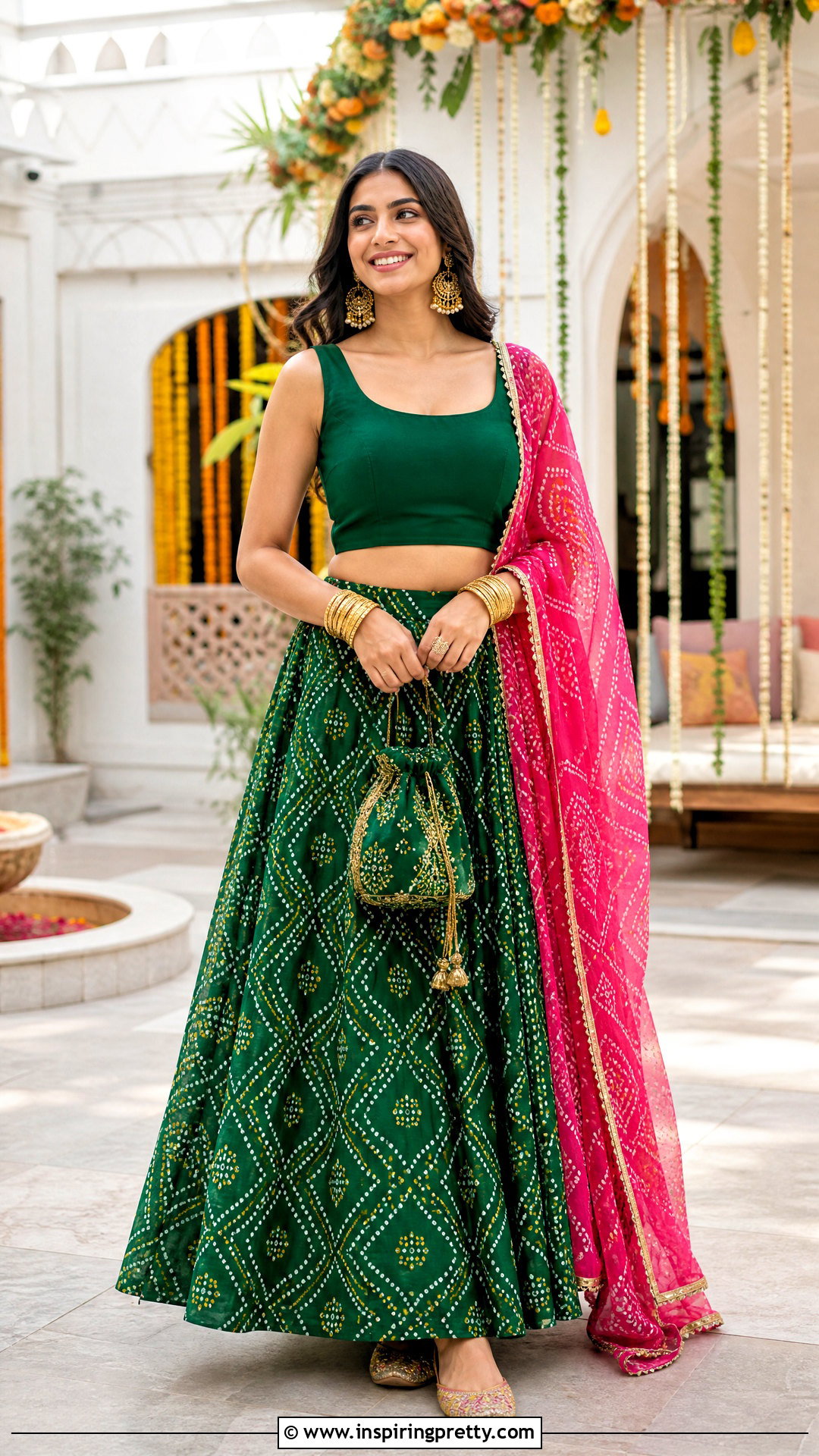 Green Bandhani Lehenga Crop Top Outfit - 25 lahnga crop top outfit ideas