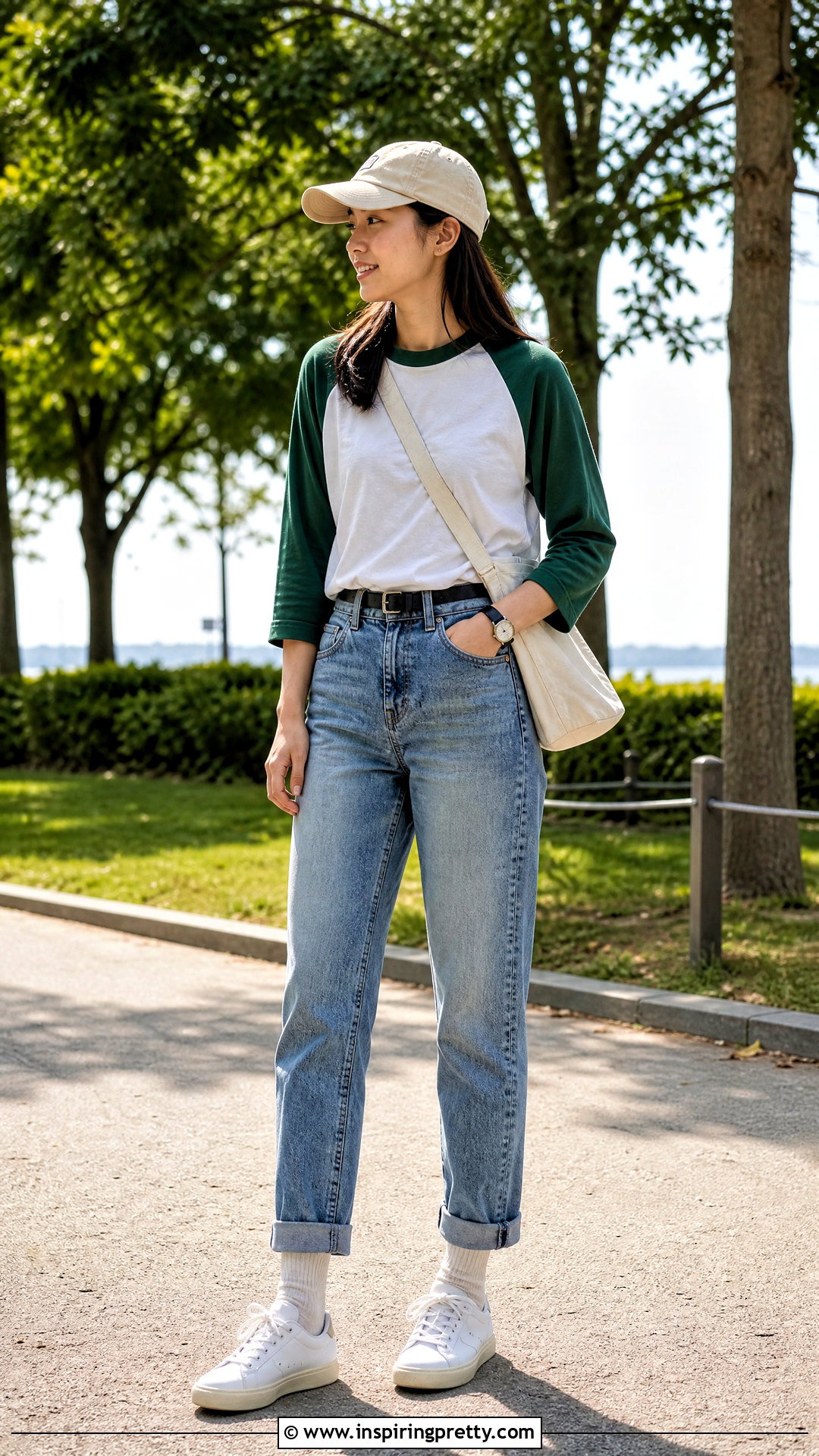 Green Baseball Tee With Cuffed Jeans - 50 green top and jeans outfit ideas
