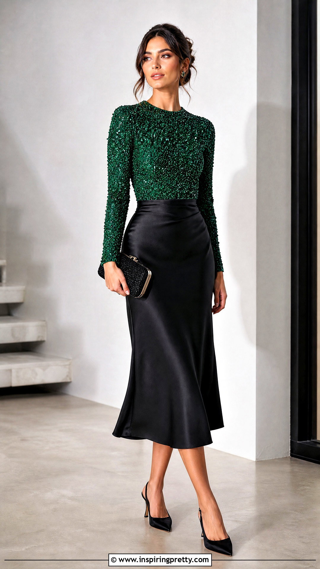 Green Bedazzled Top With Black Midi Skirt - 50 bedazzled top outfit ideas