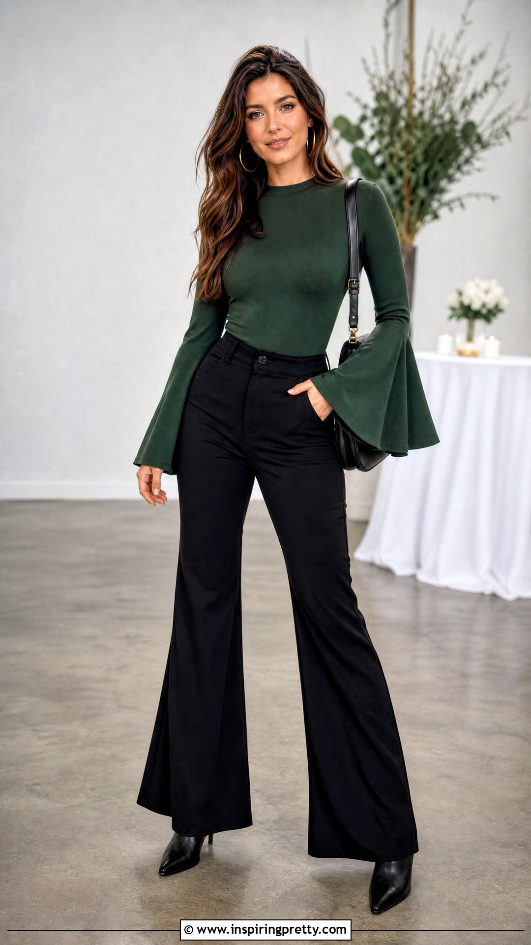 Green Bell Sleeve Top With Flare Pants - 50 green tops outfit ideas