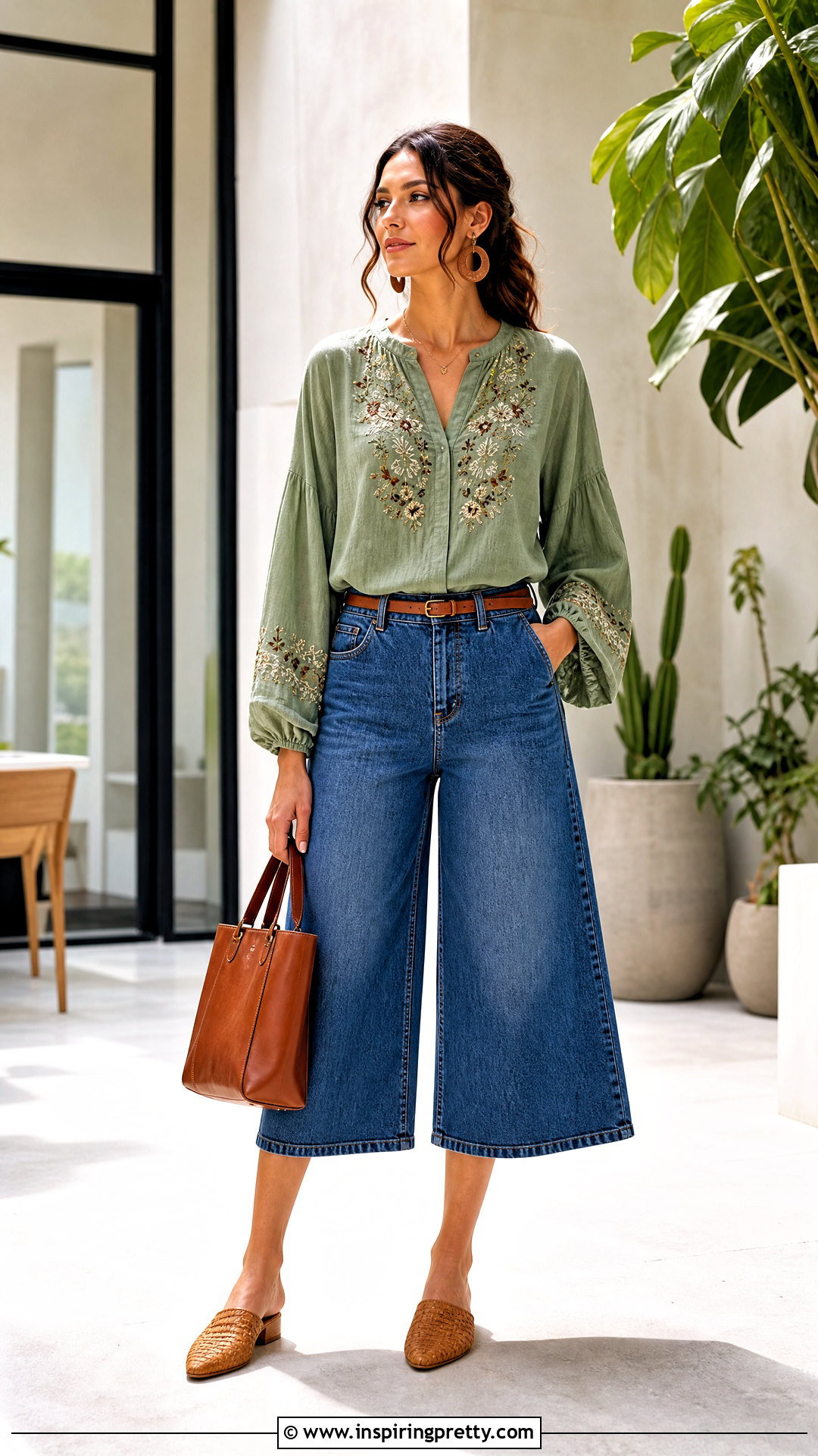 Green Boho Top With Denim Culottes - 50 boho tops outfit ideas