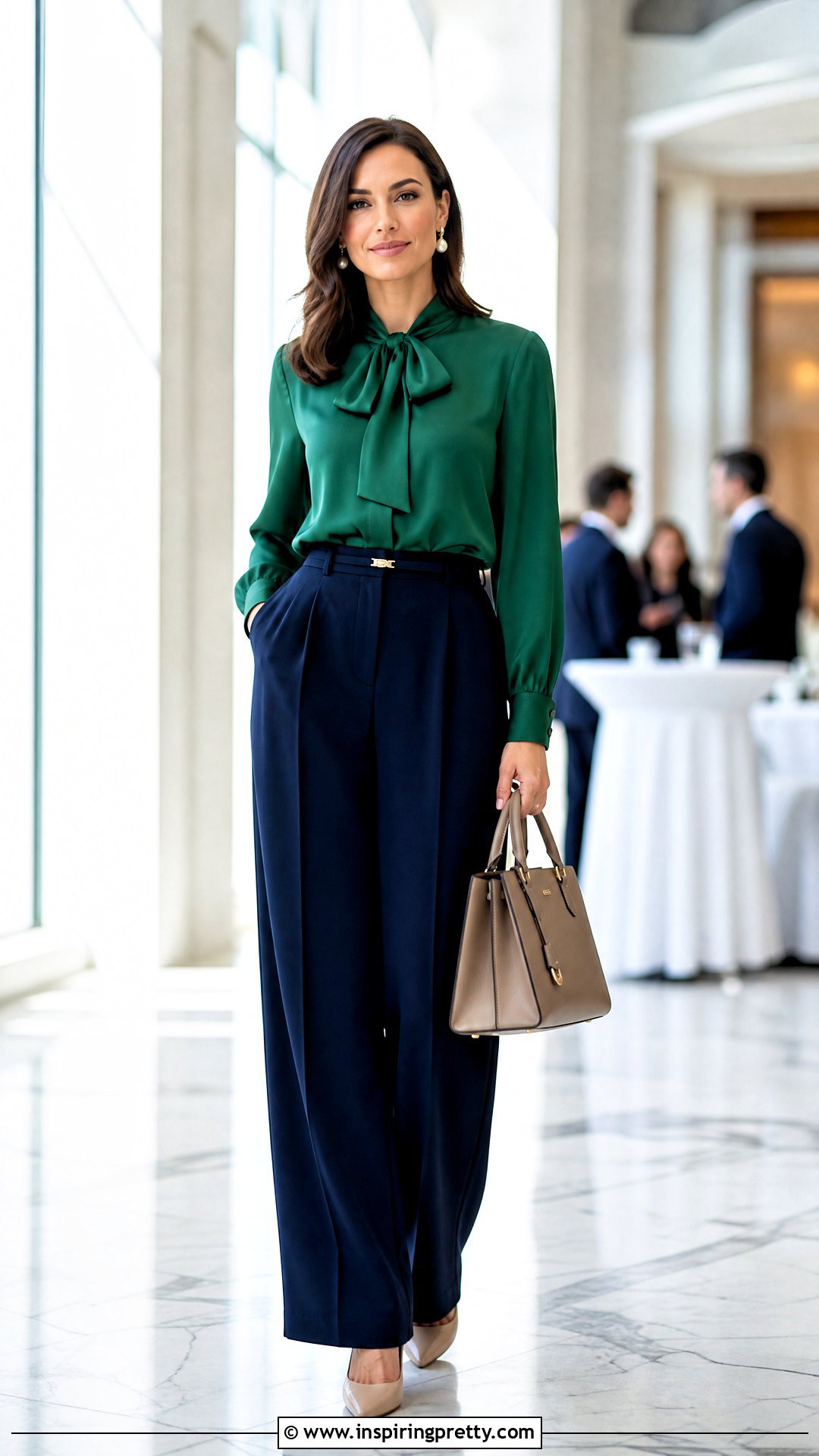 Green Bow Blouse With Navy Trousers - 25 Fancy Green Top outfit ideas
