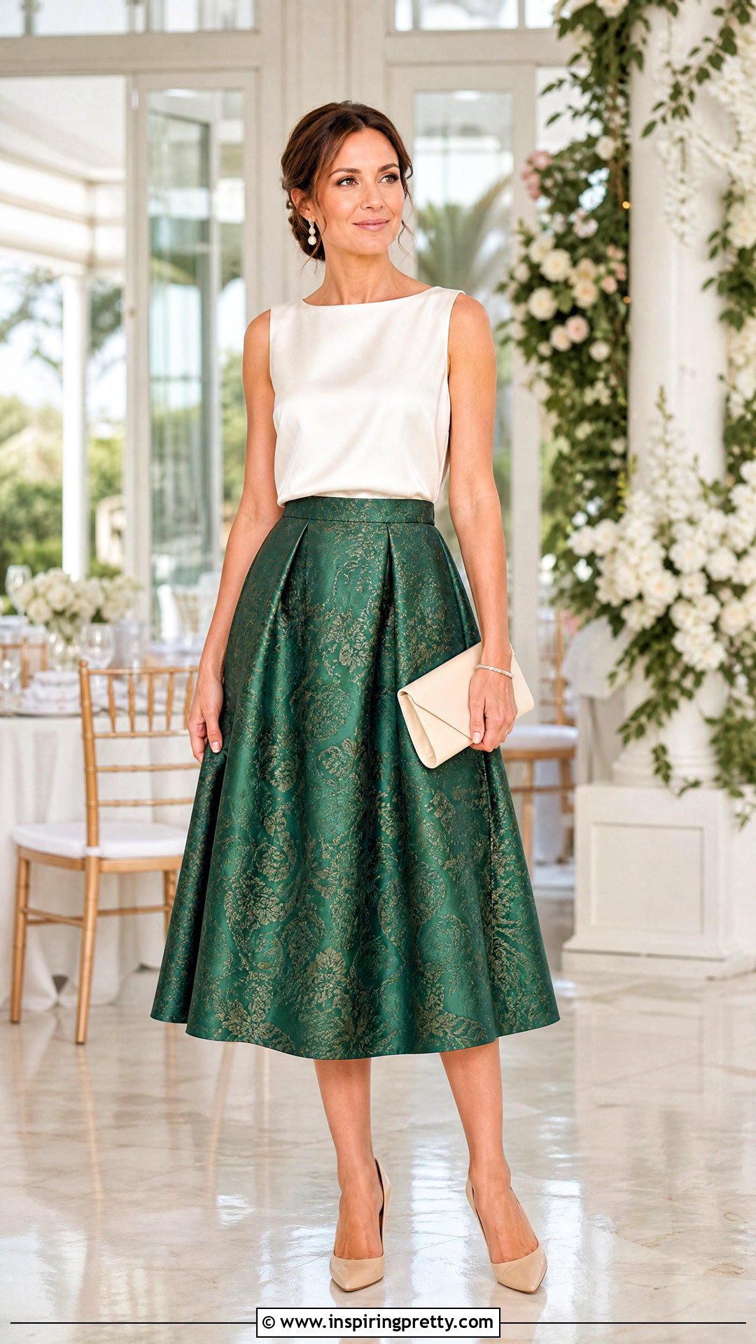 Green Brocade Skirt With Ivory Satin Top - 50 brocade skirt and top outfit ideas