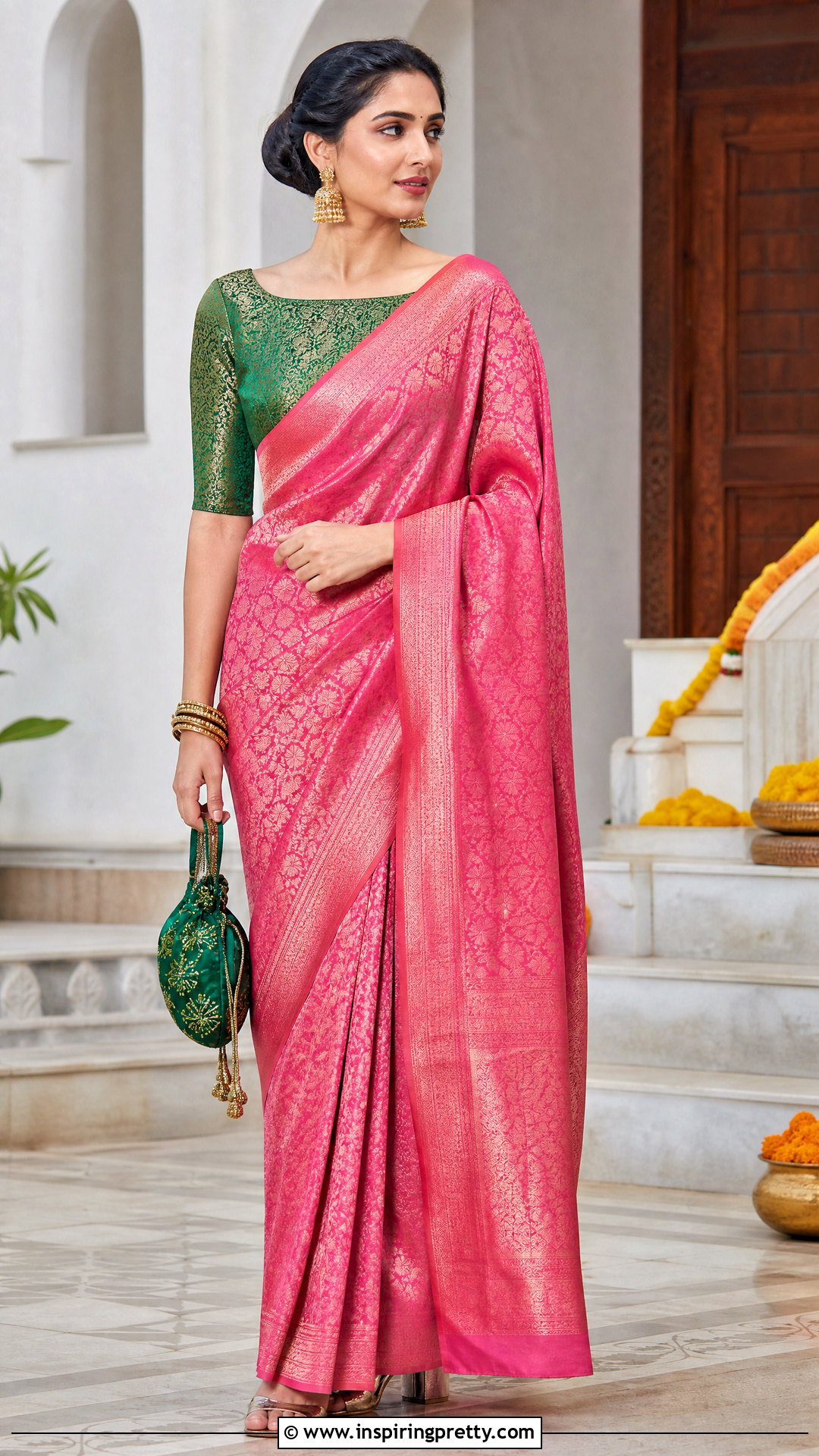 Green Brocade Top With Pink Saree - 50 brocade top designs