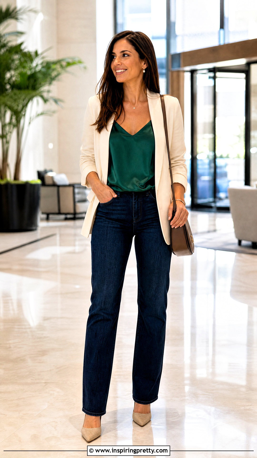Green Camisole With Blazer And Jeans - 20 Green Top Fashion Style outfit ideas