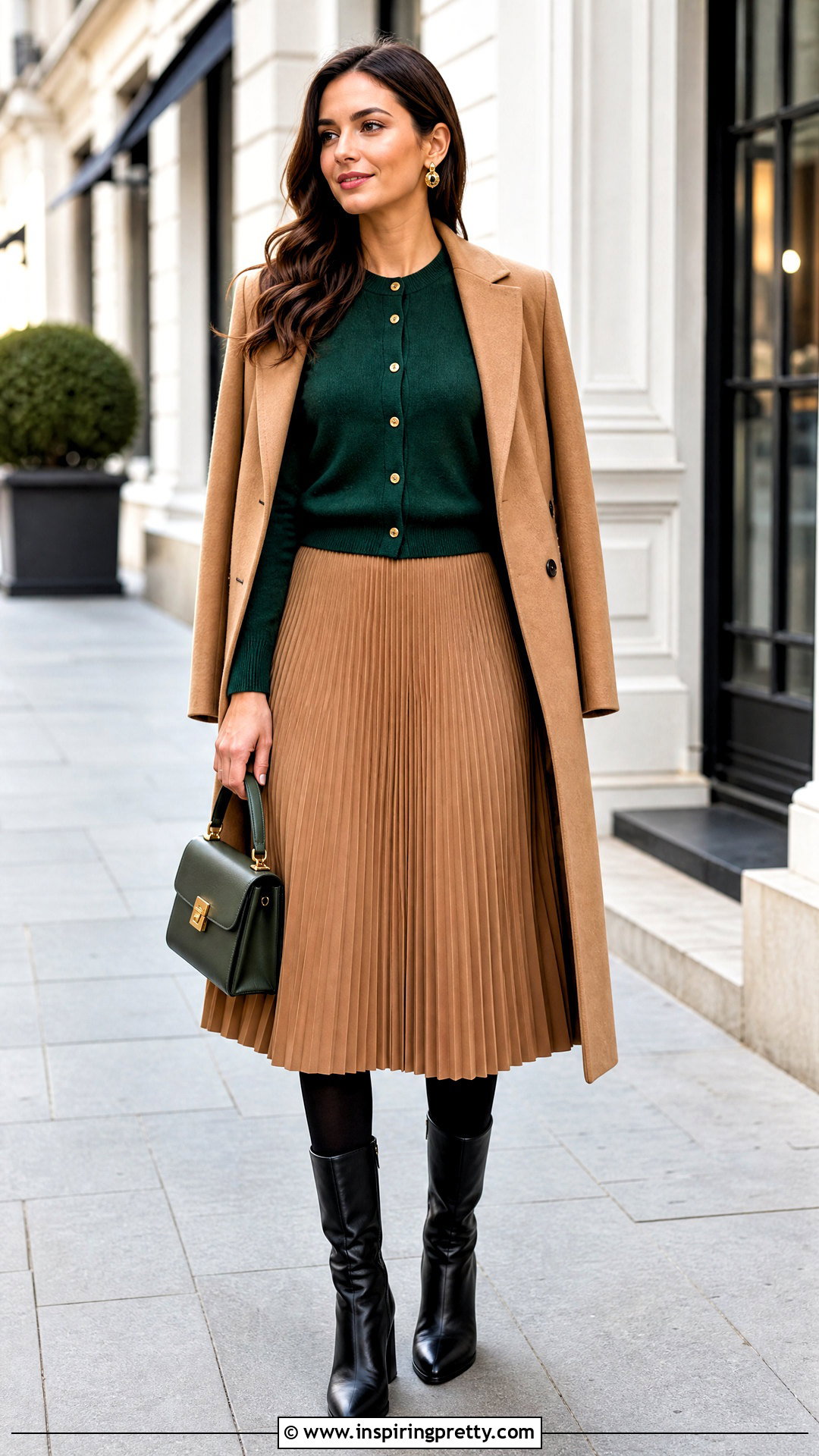 Green Cardigan And Pleated Skirt Outfit - 50 winter tops outfit ideas