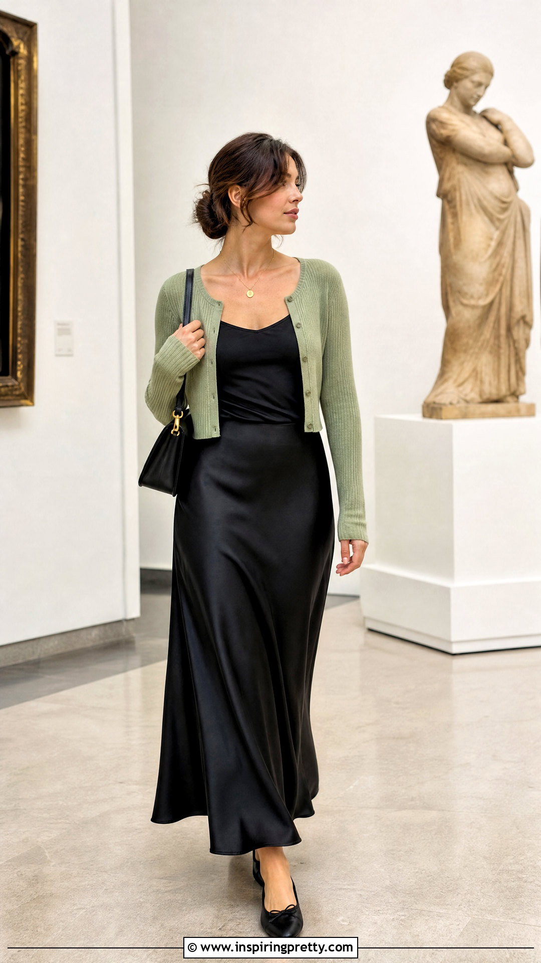 Green Cardigan With Black Slip Skirt - 20 green and black fashion top outfit ideas