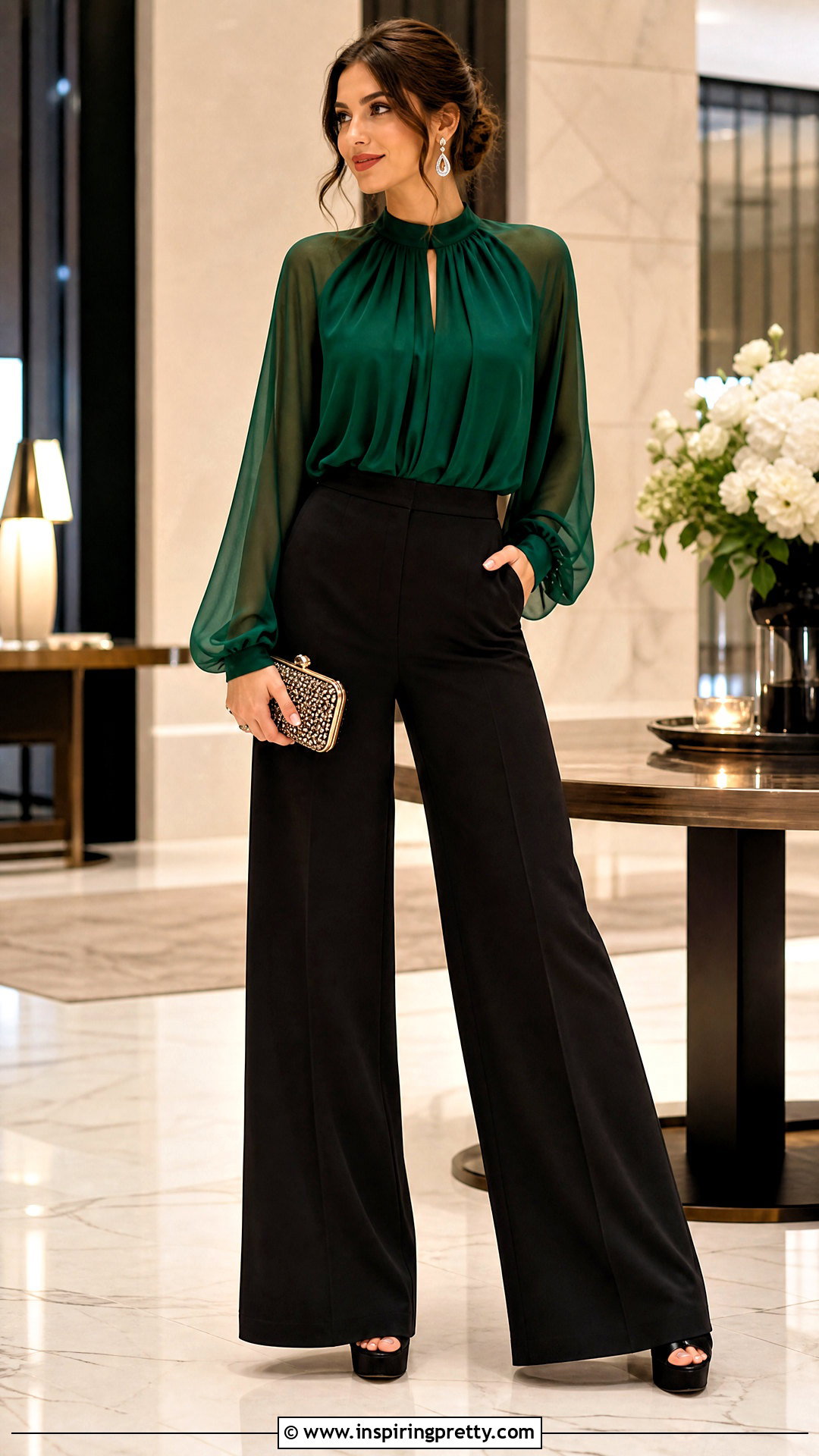 Green Chiffon Top With Black Palazzo Pants - 25 Fancy Green Top outfit ideas