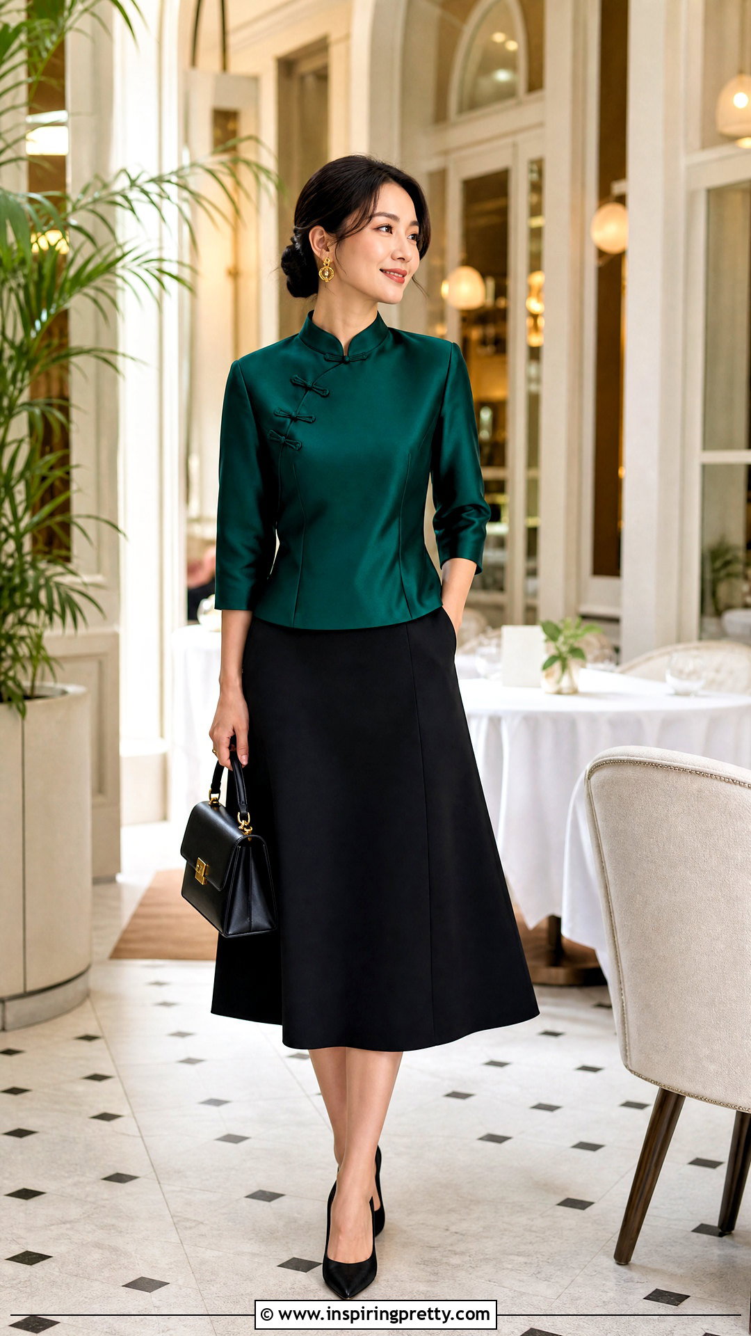 Green Chinese Top With Black A Line Skirt - 50 chinese top outfit ideas