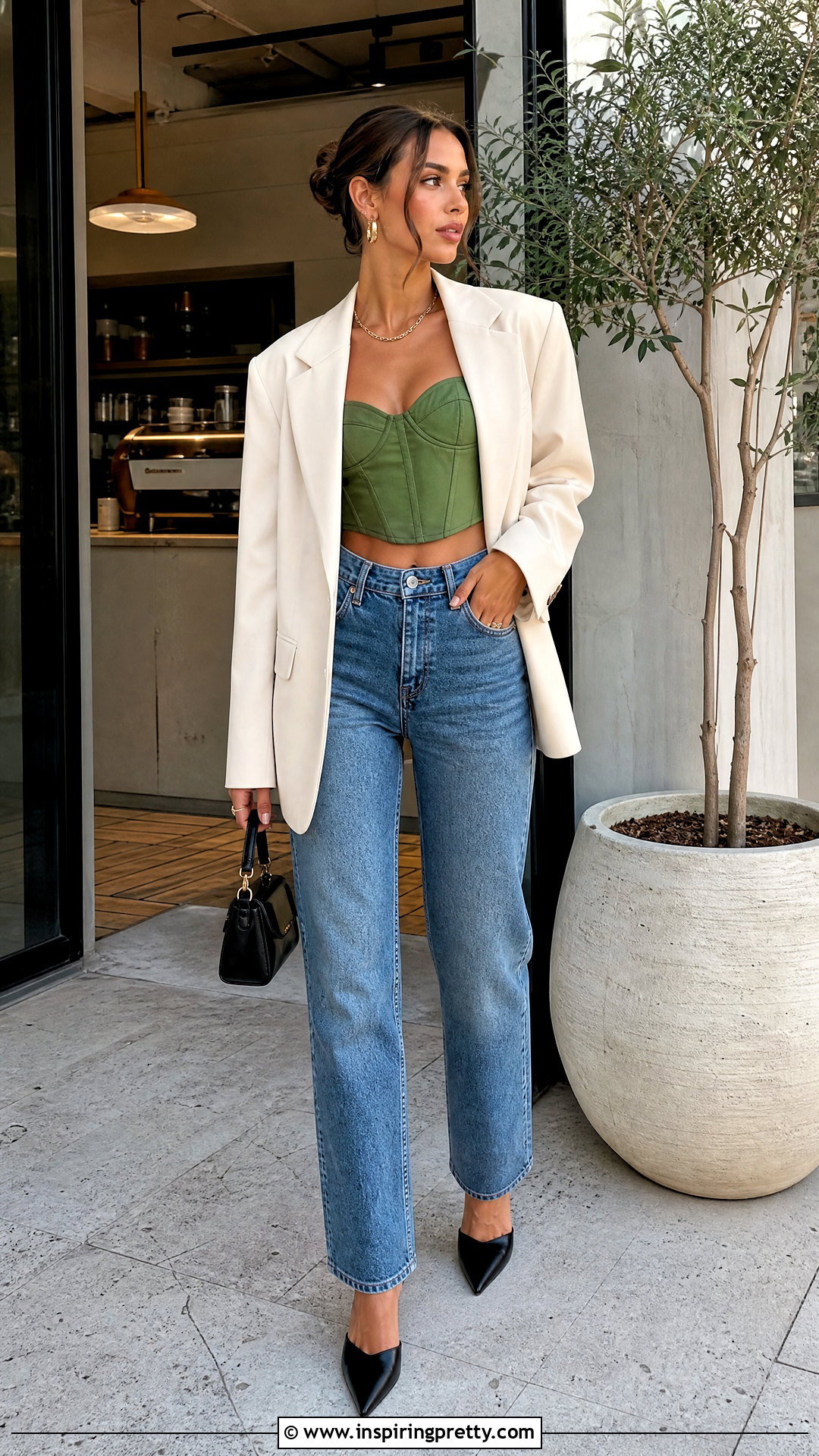 Green Corset Crop Top With Straight Leg Jeans - 25 Green Crop Top Aesthetic ideas