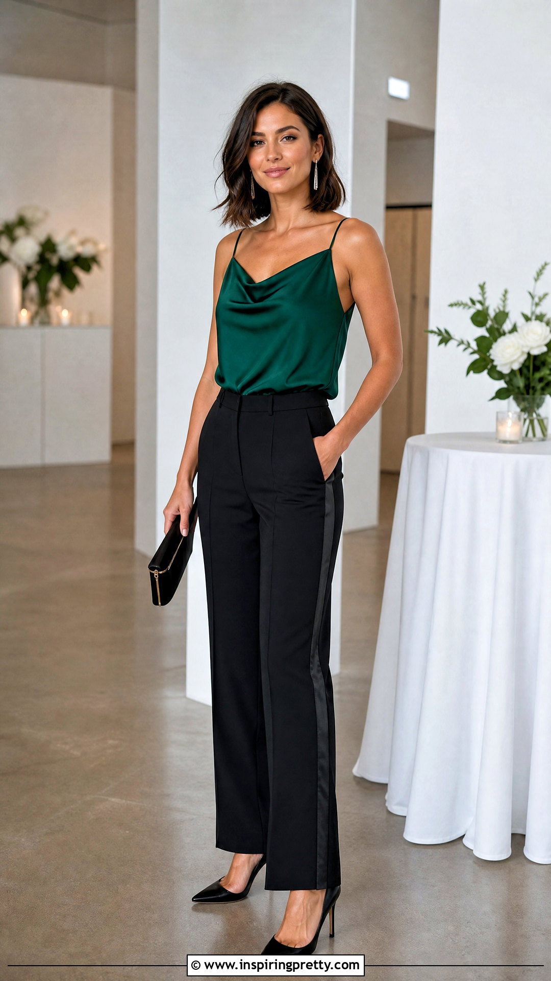 Green Cowl Neck Top With Tuxedo Pants - 25 Fancy Green Top outfit ideas
