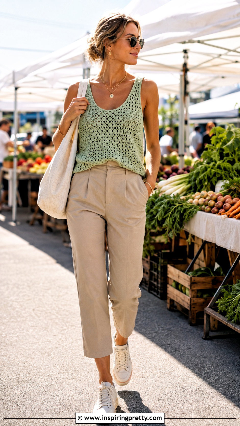 Green Crochet Tank With Khaki Pants - 50 summer crochet top outfit ideas
